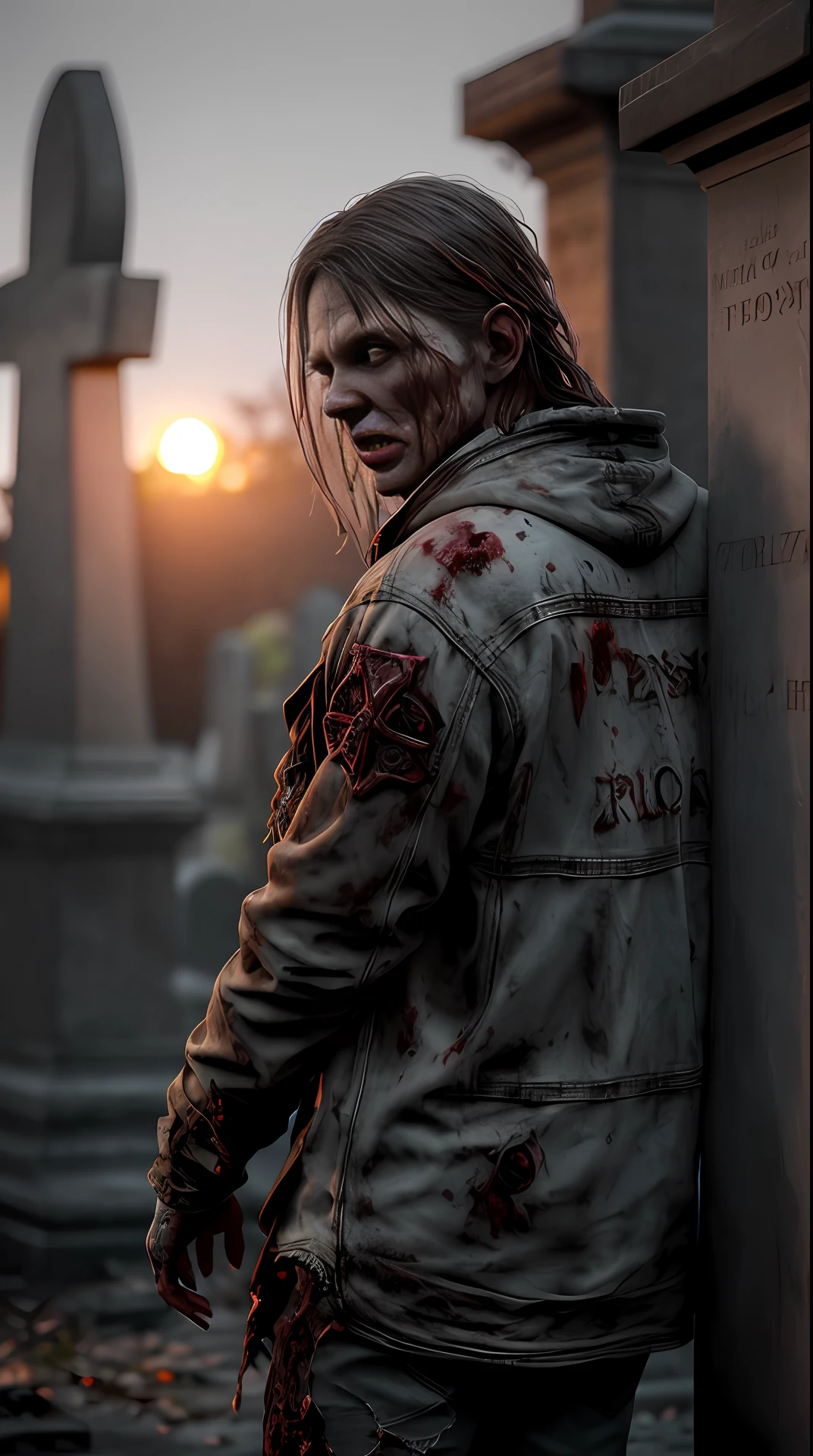 Cinematic soft lighting illuminates a stunningly detailed and ultra-realistic zombie , wearing bloodstained torn clothes , super strong, muscular, body deformed, in the background a terrifying night in a cemetery, that is trending on ArtStation. Octane is the perfect tool to capture the softest details of this 16k photography masterpiece
