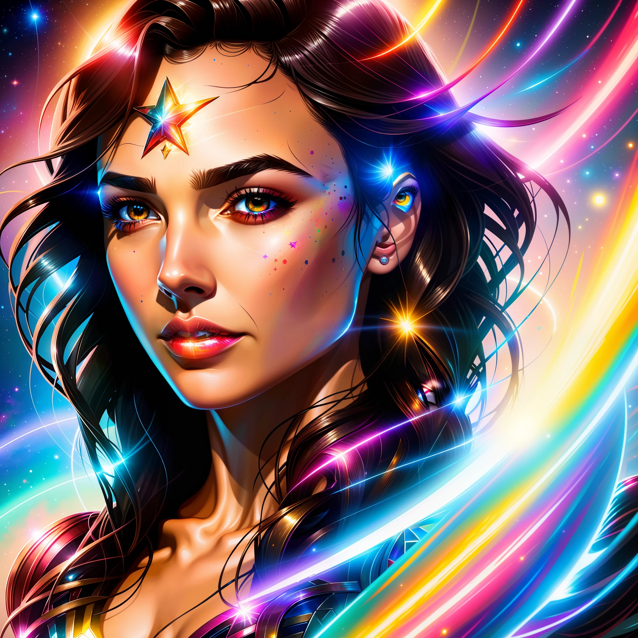 Ultra realistic photo of gal gadot cosmic energy, colorful, paint explosion, indifferent type look, realistic round eyes, mapped tone, digital painting, artstation, concept art, smooth, sharp focus, illustration, dreamy magical atmosphere, art by artgerm, 8k