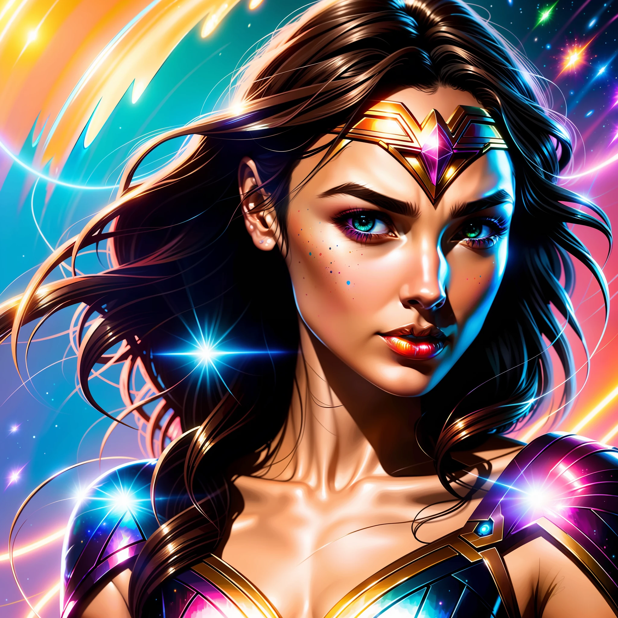 Ultra realistic photo of gal gadot cosmic energy, colorful, paint explosion, indifferent type look, realistic round eyes, mapped tone, digital painting, artstation, concept art, smooth, sharp focus, illustration, dreamy magical atmosphere, art by artgerm, 8k