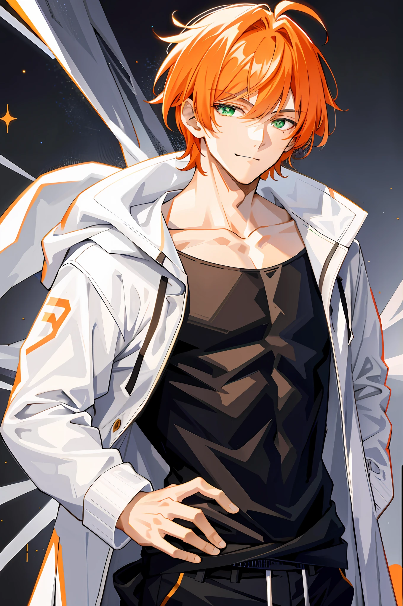 1 boy, handsome, orange hair, M bangs, comma hair, comma hair, white hooded coat, black underwear, white background, shiny, green eyes, smiling, dark, rich colors, looking at the audience, upper body, an orange haired handsome guy, unique comma hair, wearing black underwear and white hooded coat, standing against bright white background, his green eyes looking at the audience, crossed waist, his hands crossed at the waist, his hands on the waist, the action of forking the waist, black belt, belt