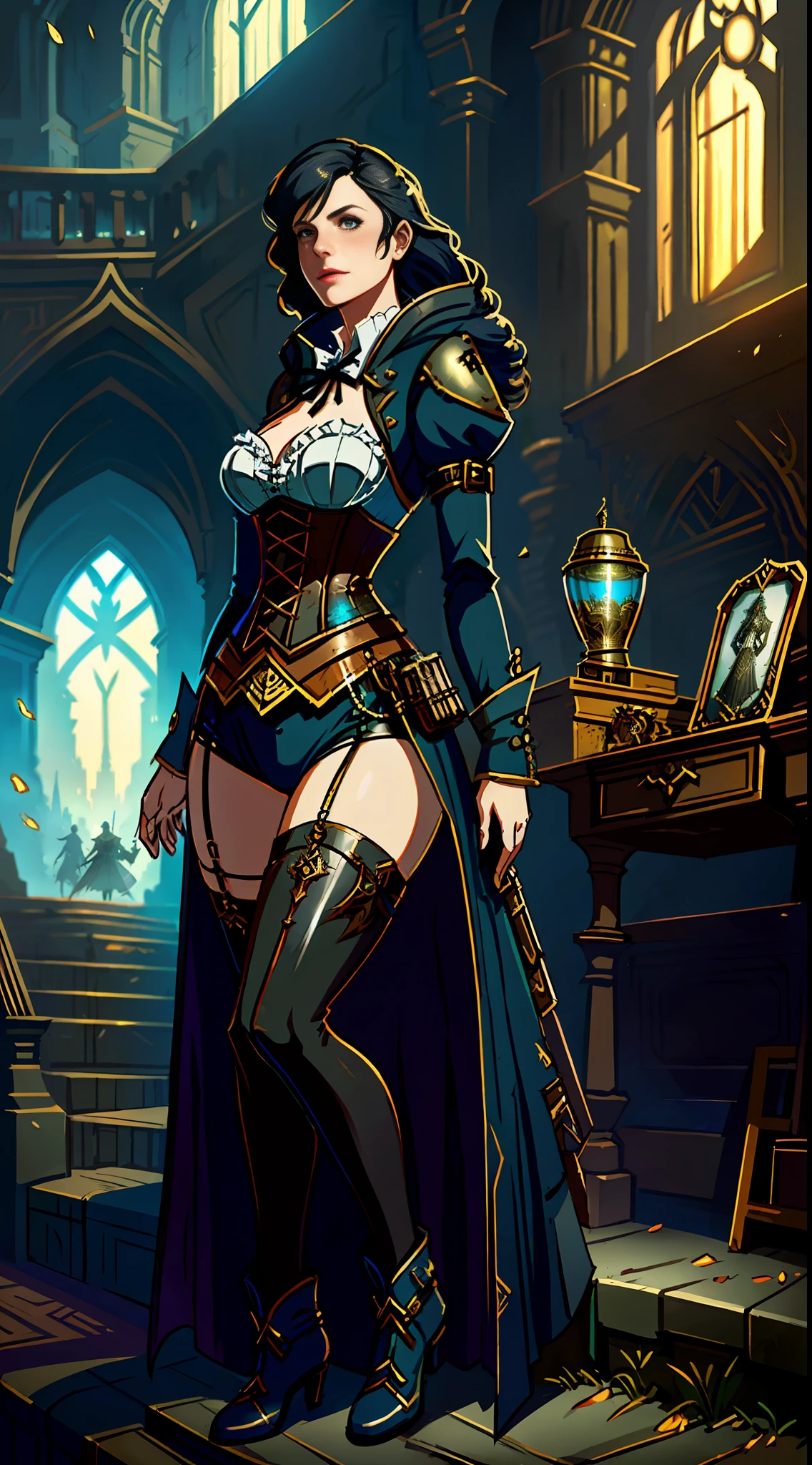 Beautiful woman in fantasy clothes, beautiful figure, corset, stockings, fantasy scene, steampunk elements, steampunk in clothes, like Greg Rutkowski illustration, drawing in the style of Greg Rutkowski