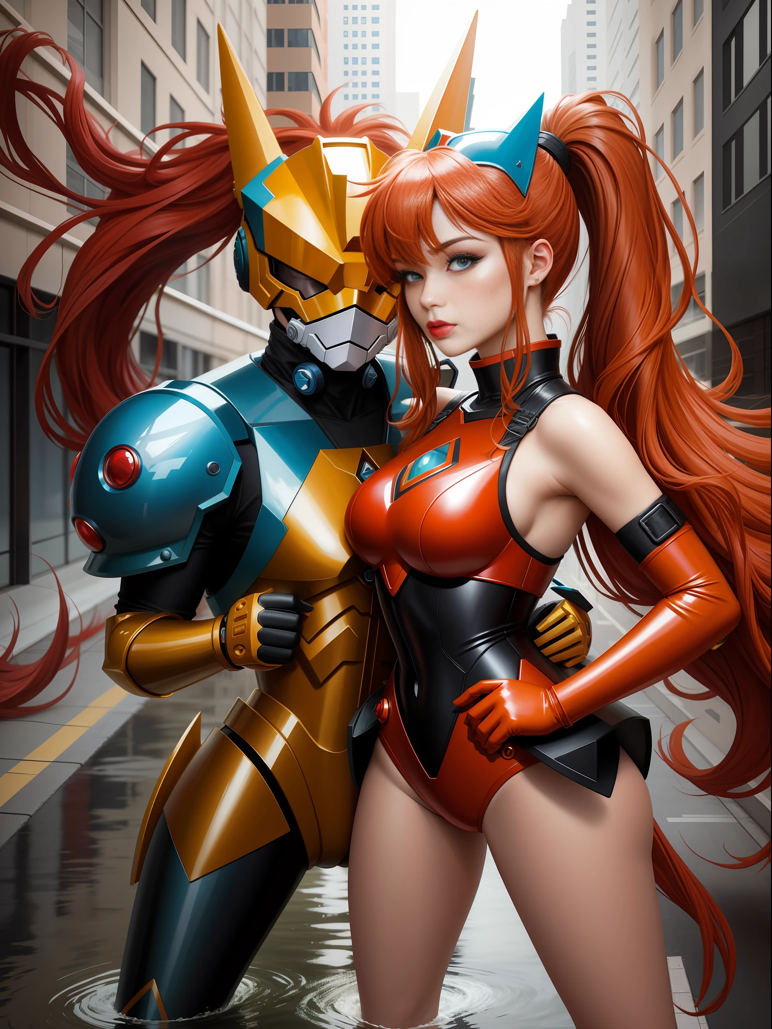 Create a full-body artwork of a fusion between Asuka Langley Soryu and WarGreymon Digimon, where the body of WarGreymon is the main focus of the art, but with feminine humanoid characteristics and Asuka Langley Soryu's face covered by a Digimon helmet mask. The fusion should be standing and stepping on the ground, wearing a bright blue circular jewel on their chest. They should have short blue hair and green eyes, heavy makeup on their face, and red lipstick on their lips. The artwork should be set on top of a building in New York during a heavy rainstorm, with the fusion's body and hair soaked with water. The pose should be in a fighting stance with their fists raised. The style should be realistic and anime-inspired, with Pixar-level quality and high resolution (16k or UHD). The artwork should be anatomically accurate and highly detailed, and should be considered a masterpiece.