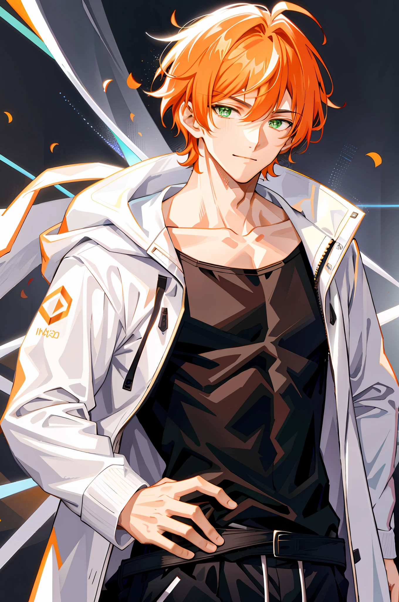 1 boy, handsome, orange hair, M bangs, comma hair, comma hair, white hooded coat, black underwear, white background, shiny, green eyes, smiling, dark, rich colors, looking at the audience, upper body, an orange haired handsome guy, unique comma hair, wearing black underwear and white hooded coat, standing against bright white background, his green eyes looking at the audience, crossed waist, his hands crossed at the waist, his hands on the waist, the action of forking the waist, black belt, belt
