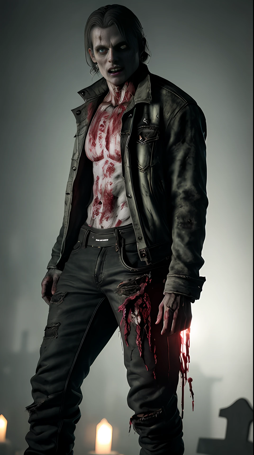 Cinematic soft lighting illuminates a stunningly detailed and ultra-realistic man zombie , wearing bloodstained torn clothes , super strong, muscular, body deformed, in the background a terrifying night in a cemetery, that is trending on ArtStation. Octane is the perfect tool to capture the softest details of this 16k photography masterpiece