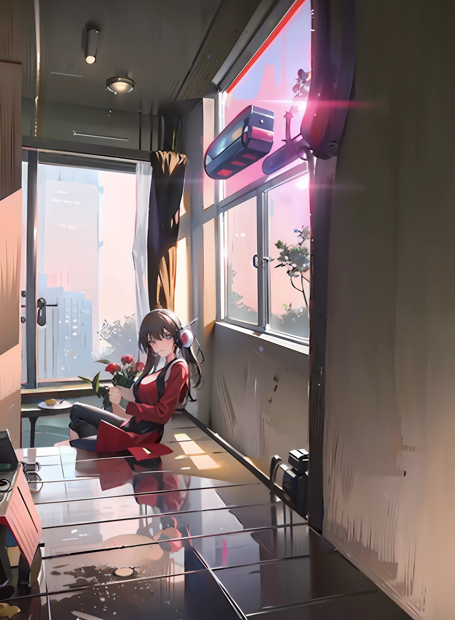 There was a woman sitting on the floor in the room, enjoying music with headphones. Everything around is quiet and nice. Outside the window, her boyfriend is holding a bouquet of flowers and is walking towards her, everything will become romantic and beautiful!