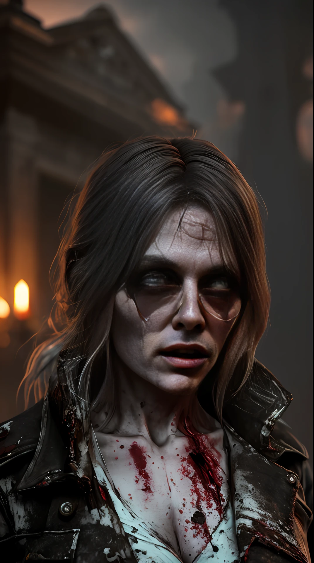 Cinematic soft lighting illuminates a stunningly detailed and ultra-realistic woman zombie , wearing bloodstained torn clothes , super strong, muscular, body deformed, in the background a terrifying night in a cemetery, that is trending on ArtStation. Octane is the perfect tool to capture the softest details of this 16k photography masterpiece