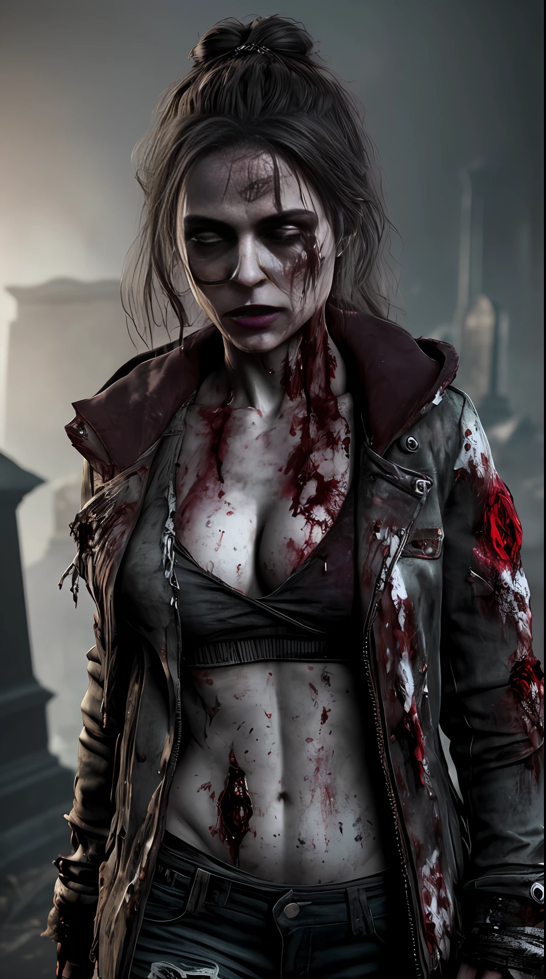 Cinematic soft lighting illuminates a stunningly detailed and ultra-realistic woman zombie , wearing bloodstained torn clothes , super strong, muscular, body deformed, in the background a terrifying night in a cemetery, that is trending on ArtStation. Octane is the perfect tool to capture the softest details of this 16k photography masterpiece
