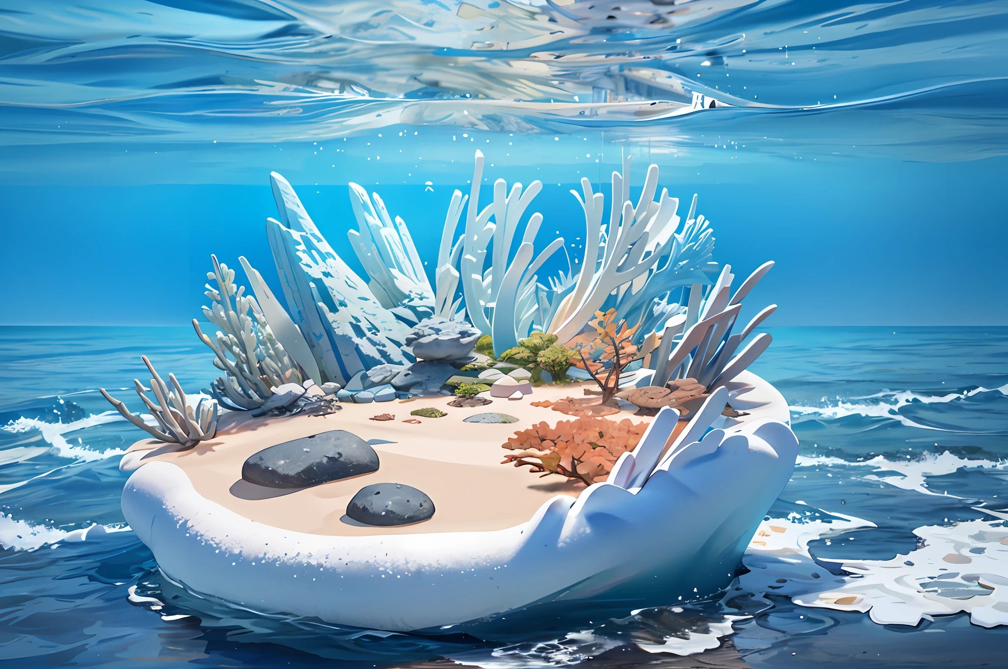 Ultra-realistic scene, cosmetic bottle surrounded by sea water, underwater landscape, water, low angle view, blender, product rendering, HD 8K. --v6