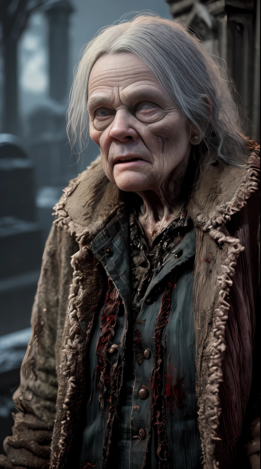 Cinematic soft lighting illuminates a stunningly detailed and ultra-realistic old  woman zombie , wearing bloodstained torn clothes , super strong, muscular, body deformed, in the background a terrifying night in a cemetery, that is trending on ArtStation. Octane is the perfect tool to capture the softest details of this 16k photography masterpiece