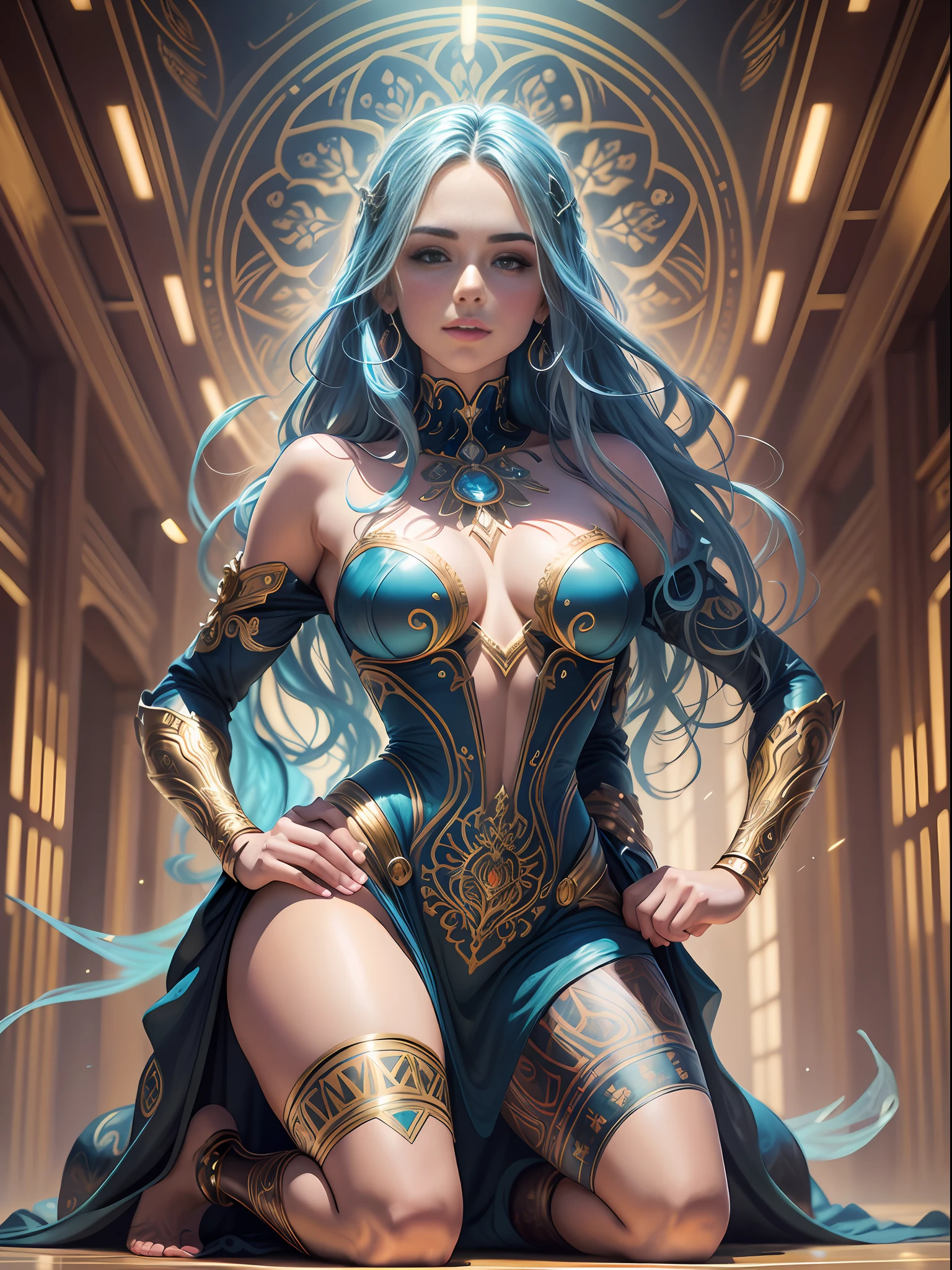 Teddi Mansueto, full body potrait of a photorealistic beautiful woman, ((kneeling down pose:1.5)), light hair, a stunning realistic photograph 25 years , (aquamarine hair:1.2), (nightgown:1.2), random color eyes, full body, cover, hyperdetailed painting, luminism, Bar lighting, complex, 4k resolution concept art portrait by Martina Fačková and Prywinko Art, Artgerm, WLOP, Alphonse Mucha, little fusion pojatti realistic steampunk, fractal isometrics details bioluminescens : hypereallistic cover photo awesome full color, hand drawn, dark, gritty, realistic mucha, klimt, erte .12k, intricate. hit definition , cinematic,Rough sketch, mix of bold dark lines and loose lines, bold lines, on paper , full body with velvet dress, humanoid, {{{{Full body}}}}.