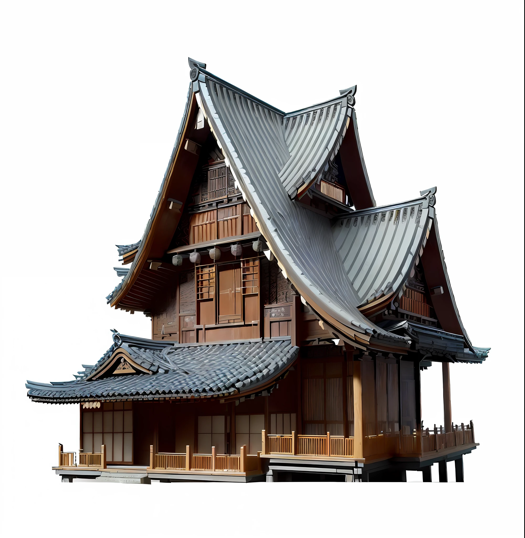 There is a small house with a wooden roof, high detail, European Japanese architecture, Japanese house, high detail, a very detailed building, table model building, ancient Japanese architecture, incredibly high detail, inspired by Toshi Yoshida, Japanese izakaya architecture, Japanese style bar, thick paint style