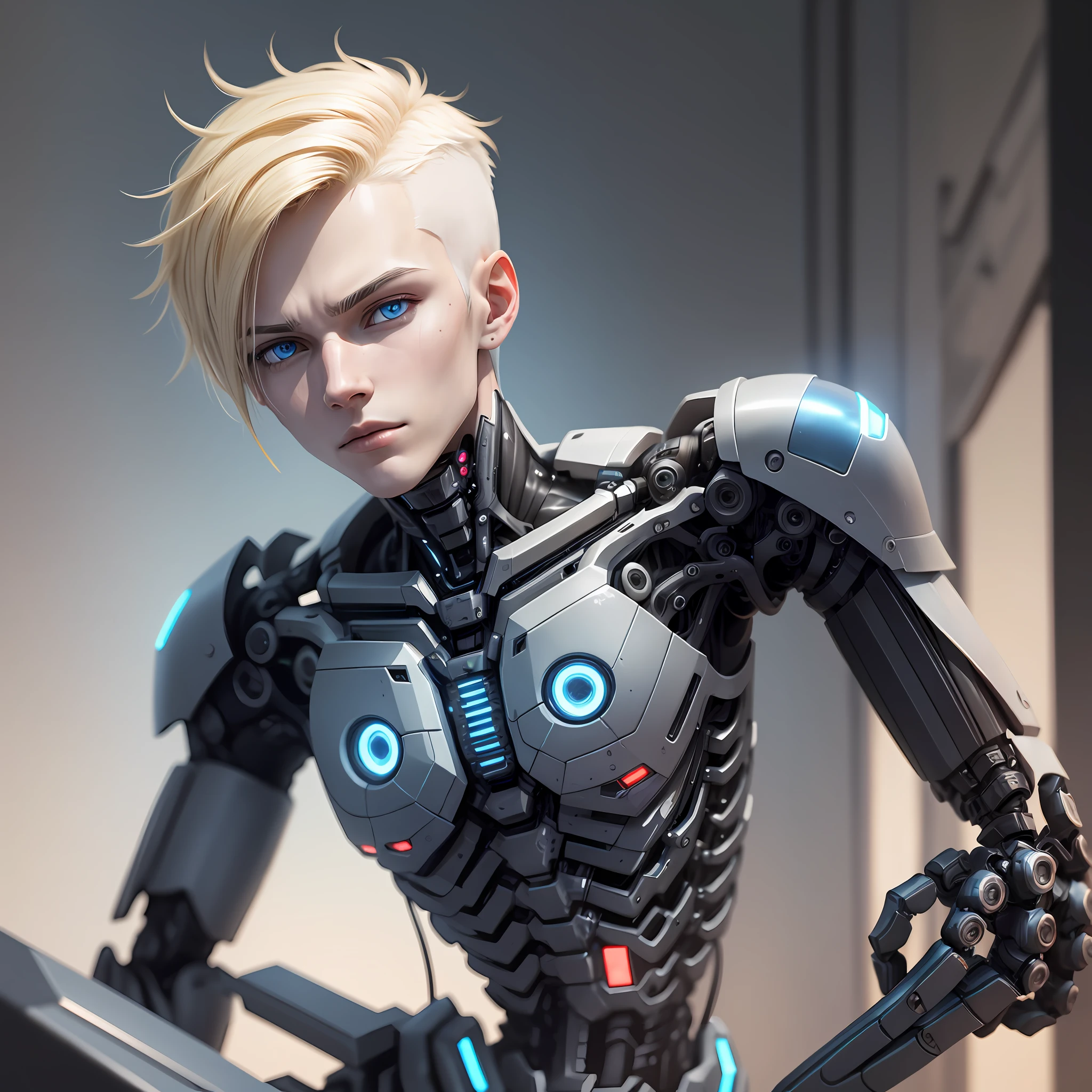 beautiful porcelain boy android face, slim black organic cyborg, black plastic, robotic parts, black mechanical body, arms prostheses, solo, machine-made joints, mechanical limbs, mechanical spine attached to the back, science fiction, the end times, cyberpunk background, a 18-year-old cyborg boy with short blonde hair parted in the middle, blue eyes, straight face, no extra fingers