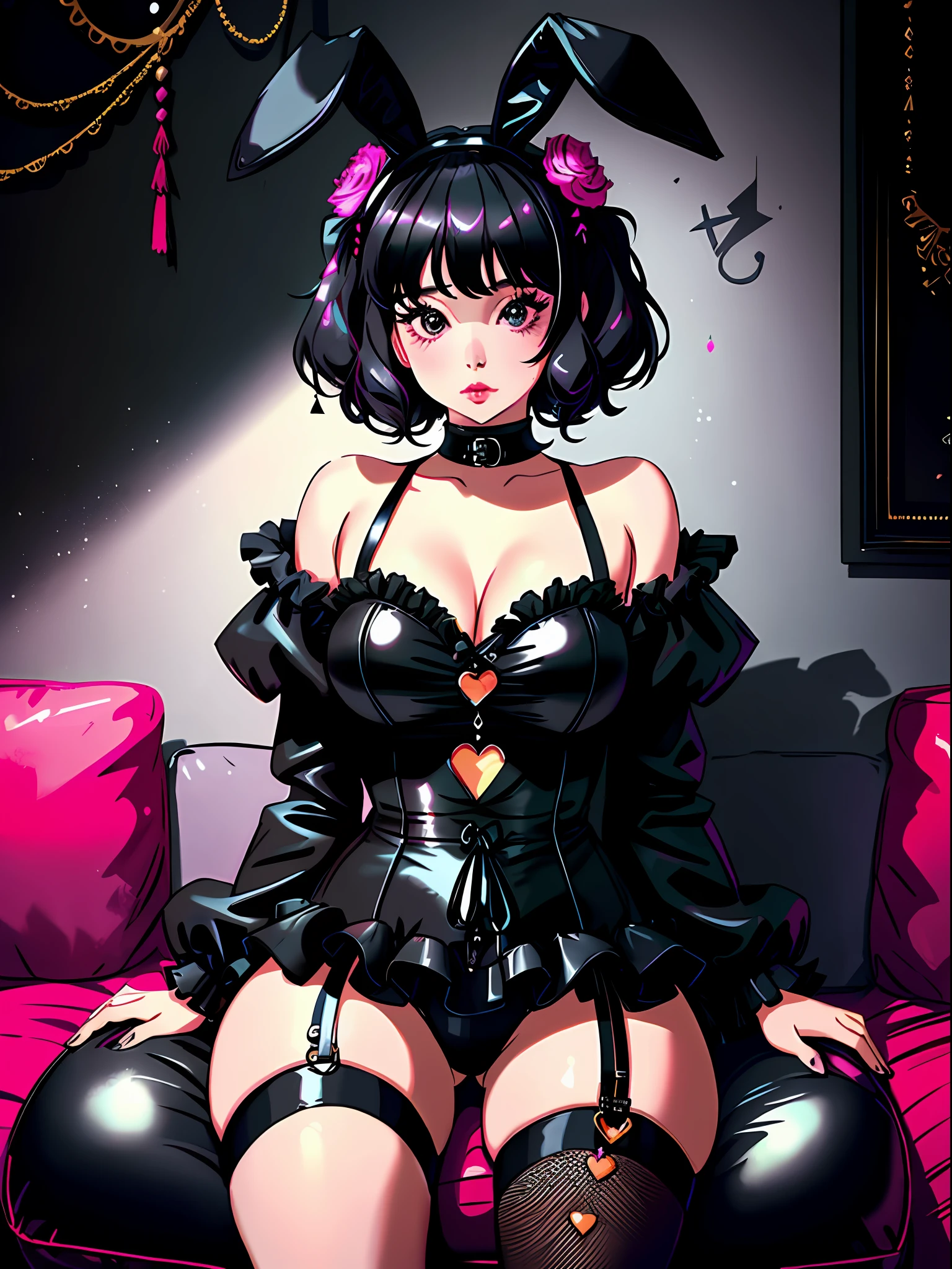 a girl in a fluffy black rabbit outfit, with a big bust, sitting on the couch, in the style of subversive appropriation, honeycore, marcin sabas, cult party kei, 32k uhd, lady gaga, selective focus