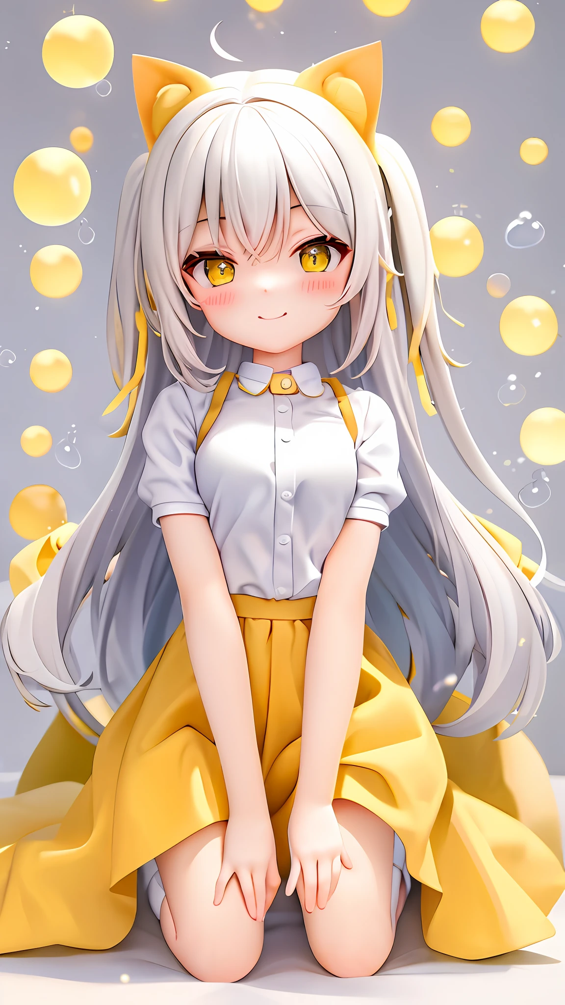 Cat-eared girl, young girl, yellow and white color scheme, sideways, kneeling position, hands between legs, squinting smile, white shirt, bubble mart, Q version, sideways smile
