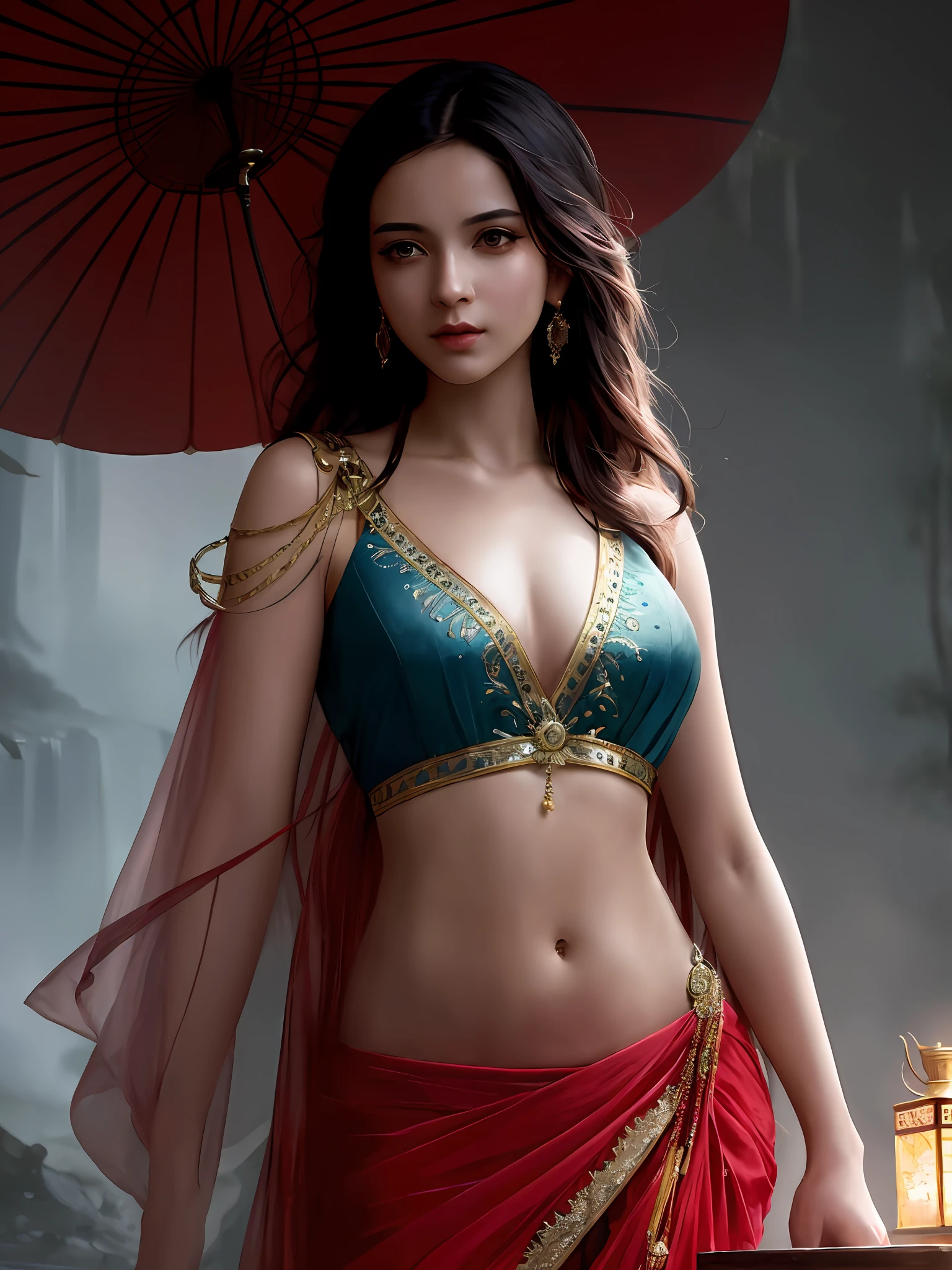 modelshoot style, (extremely detailed CG unity 8k wallpaper), full shot body photo of the most beautiful artwork in the world, stunningly beautiful photo realistic cute women in saree (navel:1.5), professional majestic oil painting by Ed Blinkey, Atey Ghailan, Studio Ghibli, by Jeremy Mann, Greg Manchess, Antonio Moro, trending on ArtStation, trending on CGSociety, Intricate, High Detail, Sharp focus, dramatic, photorealistic painting art by midjourney and greg rutkowski