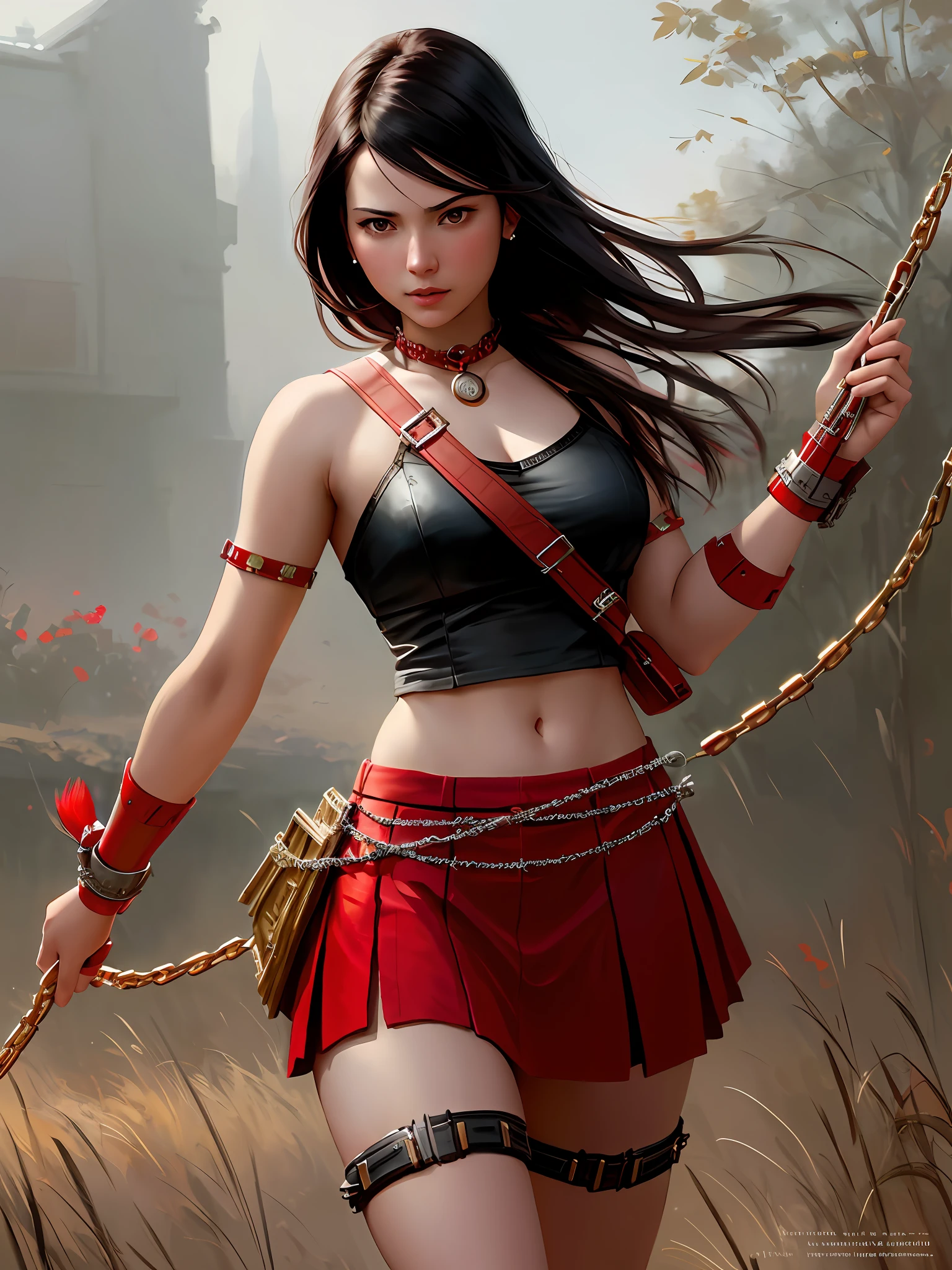 stunningly beautiful photo realistic cute warrior in skirt , using red chains, with red arms, Atey Ghailan, by Jeremy Mann, Greg Manchess, Antonio Moro, trending on ArtStation, trending on CGSociety, Intricate, High Detail, Sharp focus, dramatic, photorealistic painting art by midjourney and greg rutkowski