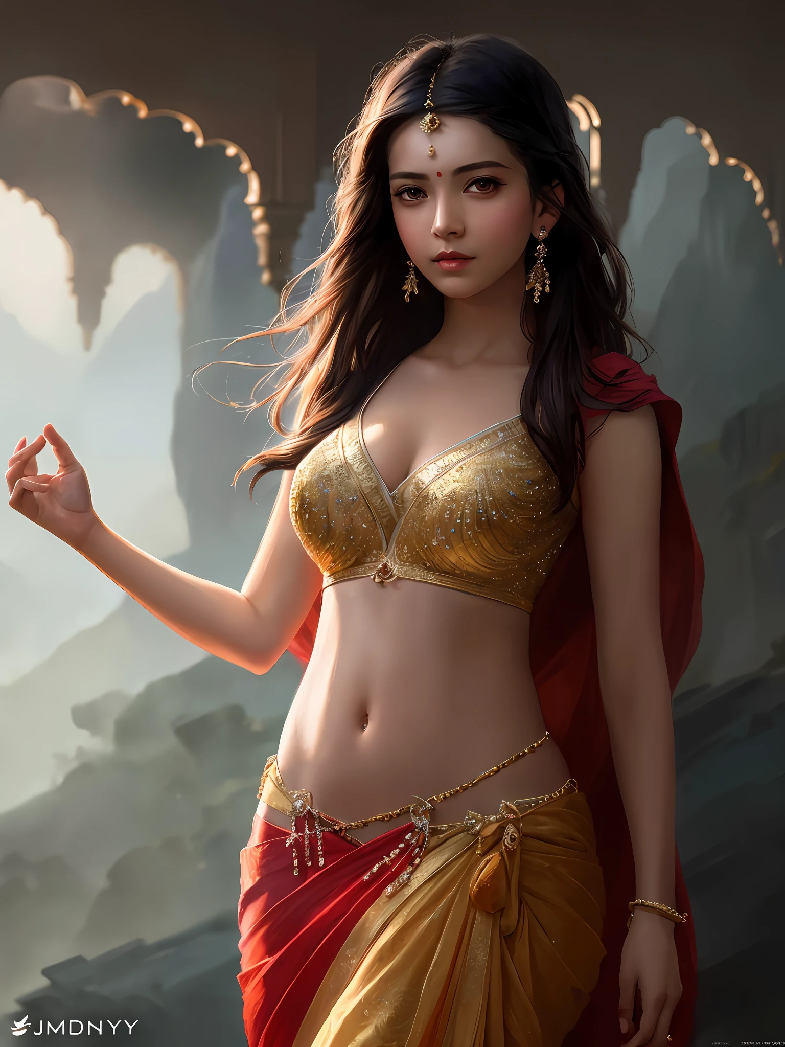 modelshoot style, (extremely detailed CG unity 8k wallpaper), full shot body photo of the most beautiful artwork in the world, stunningly beautiful photo realistic cute women in saree (navel:1.5), professional majestic oil painting by Ed Blinkey, Atey Ghailan, Studio Ghibli, by Jeremy Mann, Greg Manchess, Antonio Moro, trending on ArtStation, trending on CGSociety, Intricate, High Detail, Sharp focus, dramatic, photorealistic painting art by midjourney and greg rutkowski