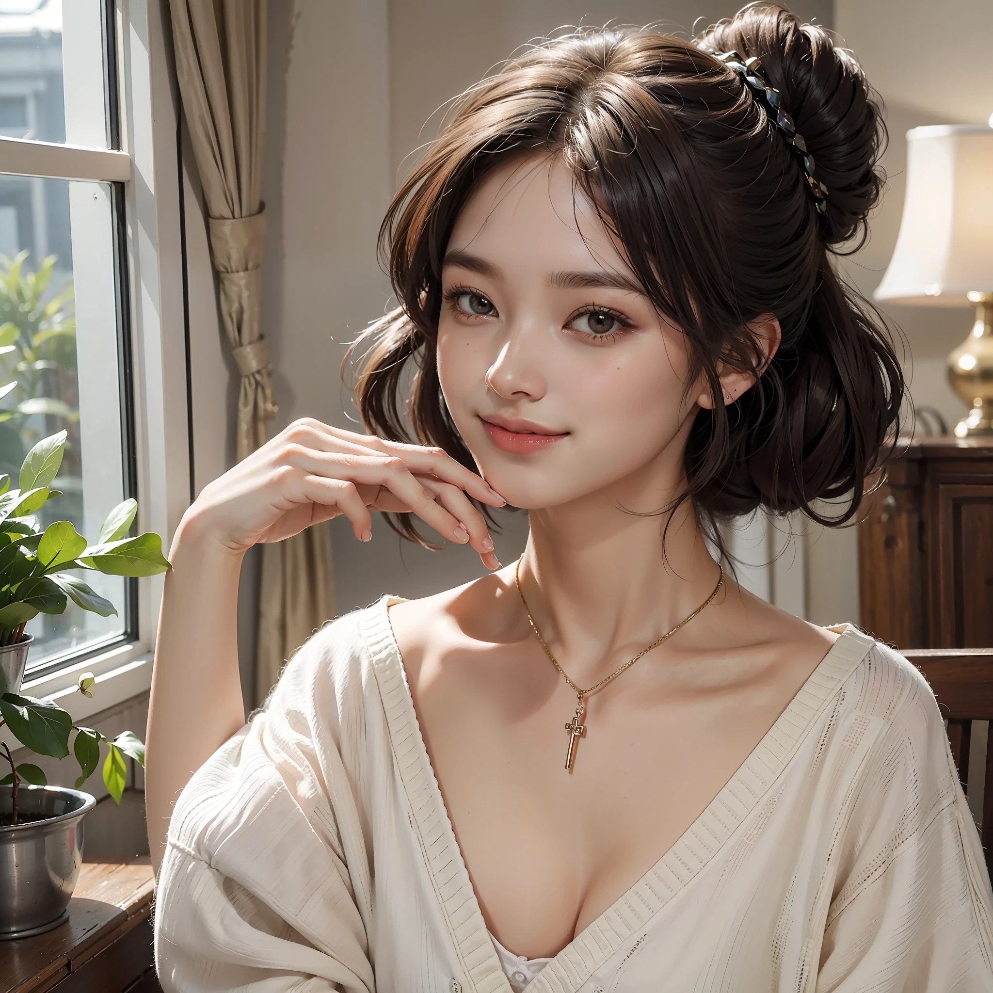 best quality, masterpiece, ultra high res, photography, 1girl, home, smile, one bun hairstyle