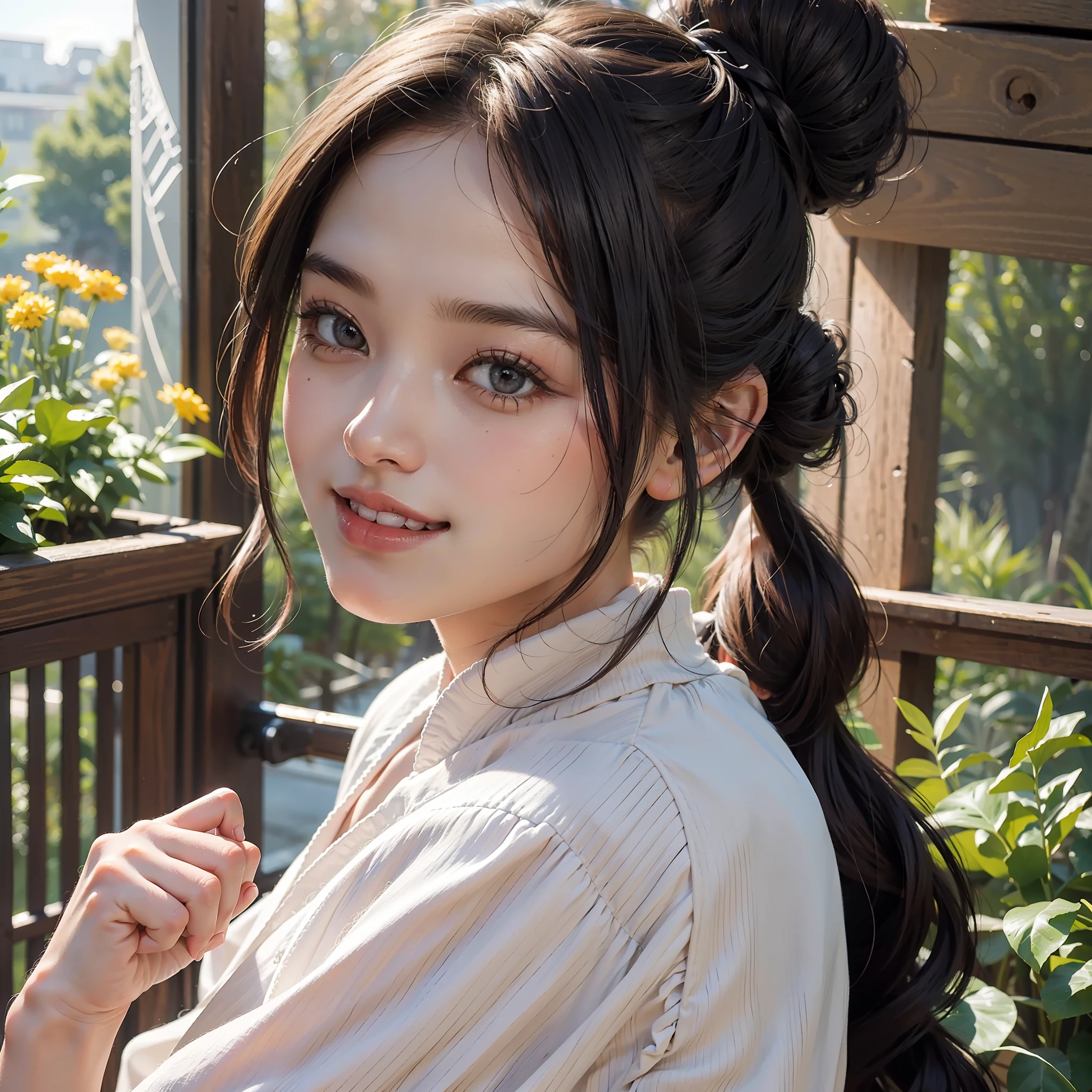 best quality, masterpiece, ultra high res, photography, 1girl, home, smile, one bun hairstyle