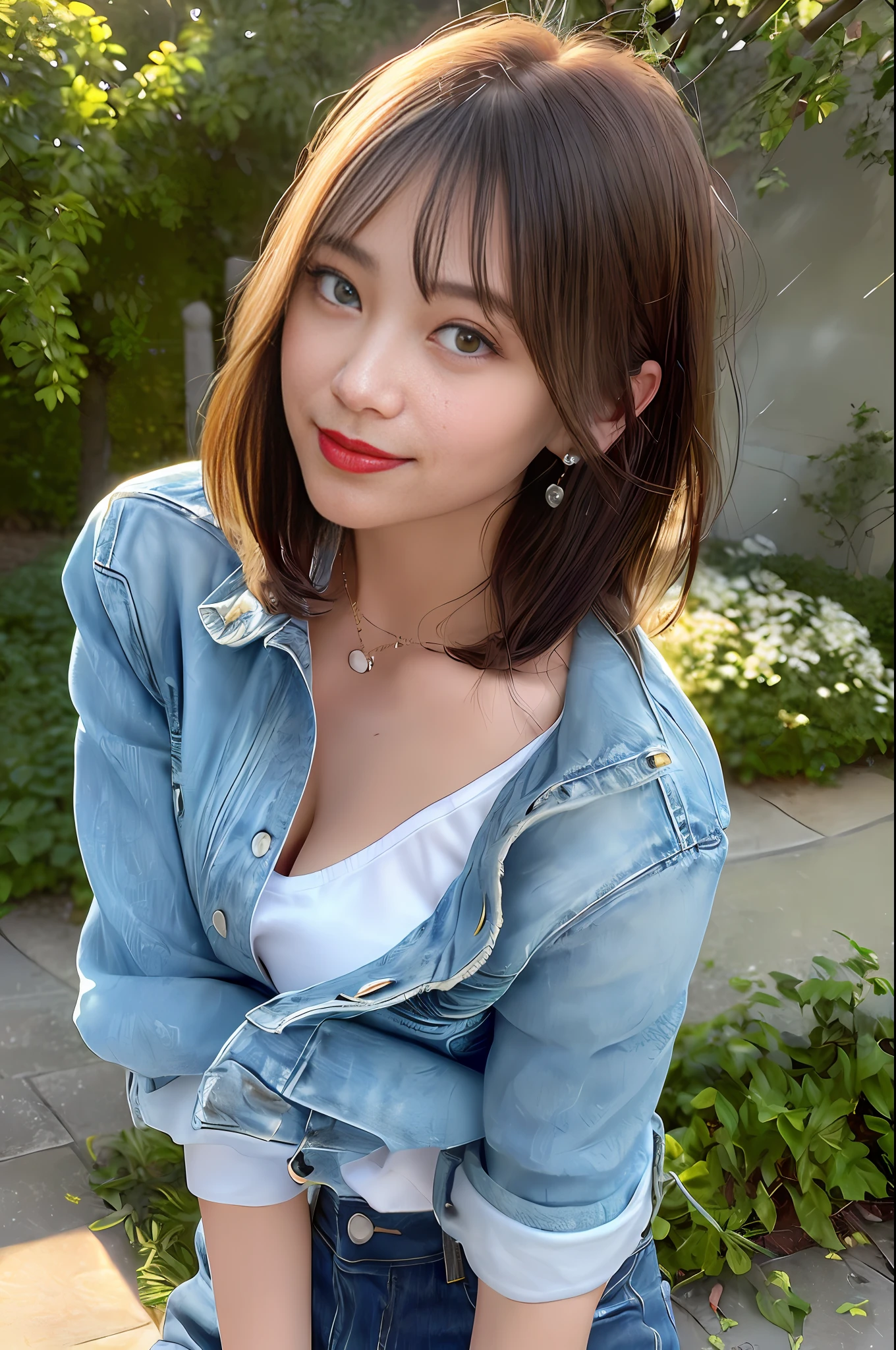 RAW, (intricate details:1.3), (best quality:1.3), (masterpiece:1.3), (photorealistic:1.4), (masterpiece, best quality, ultra detailed),[reflections], ultra realistic,
(best illumination, best shadow, extremely delicate and beautiful), taken by Canon EOS, SIGMA Art Lens 35mm F1.4, ISO 200 Shutter Speed 2000, Vivid picture, 1girl, ultra-detailed,
ultra high resolution, very detailed physically based rendering, dynamic angle, dynamic pose, wind, 8K UHD, Vivid picture, High definition, High quality texture, intricate details,
accent lighting, (backlighting:1.3), professional lighting, light on face, cinematic lighting, bokeh,
(best quality real texture skin:1.4), finely detailed eyes, finely detailed face, finely quality eyes,
detailed texture, finely detailed, high detail, extremely detailed cg, High quality shadow, a realistic representation of the face, (high detailed skin, skin details), slim waist, beautiful and realistic and detailed hands and fingers:1, best ratio of four fingers and one thumb, (detailed face, detailed eyes, beautiful face), belly fat:0.1, cameltoe, cowboy shot, looking at viewer,
1girl,19yo, (sparkling eyes:1.3), (sparkling lips:1.3), (necklace), (looking at viewer), (small breasts), (denim jacket and white t-shirt and underwear and light wash jeans), (from below), (spread legs:0.7), (tired and sleepy and smile:1.2),
outdoors, (in the middle of the rose garden), (Long shot, full body shot, rule of thirds)