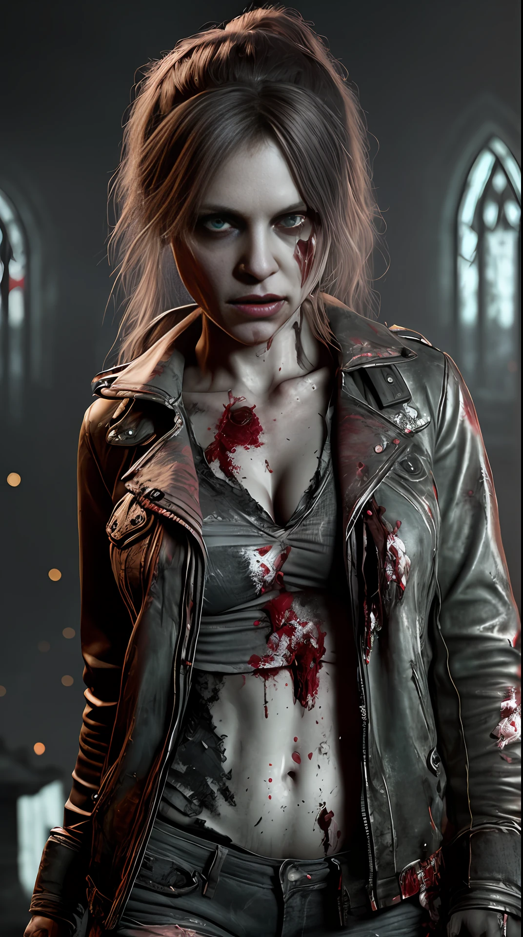 Cinematic soft lighting illuminates a stunningly detailed and ultra-realistic woman zombie , wearing bloodstained torn clothes , super strong, muscular, body deformed, in the background a terrifying night in a cemetery, that is trending on ArtStation. Octane is the perfect tool to capture the softest details of this 16k photography masterpiece