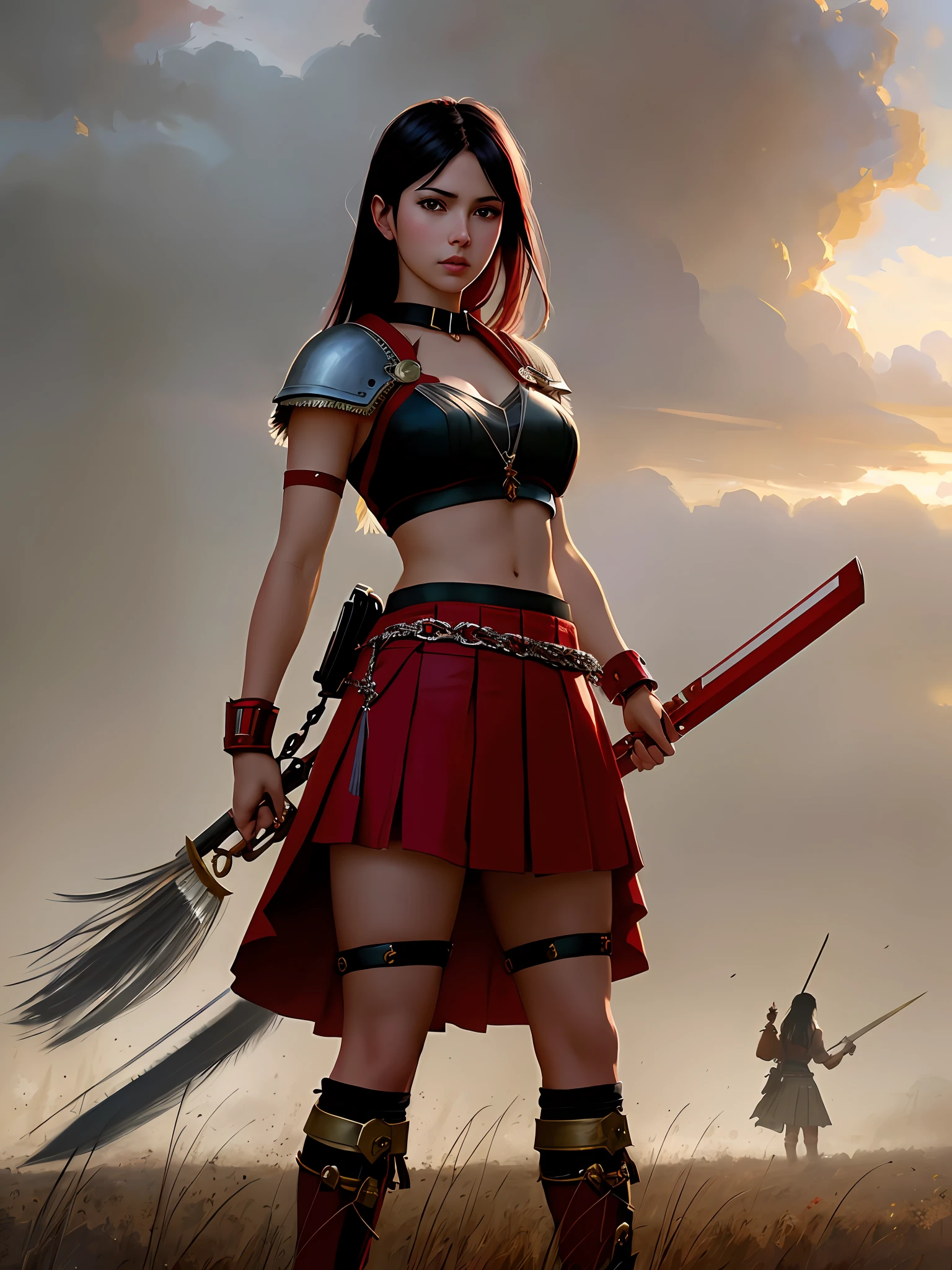 stunningly beautiful photo realistic cute warrior in skirt , using red chains, with red arms, Atey Ghailan, by Jeremy Mann, Greg Manchess, Antonio Moro, trending on ArtStation, trending on CGSociety, Intricate, High Detail, Sharp focus, dramatic, photorealistic painting art by midjourney and greg rutkowski