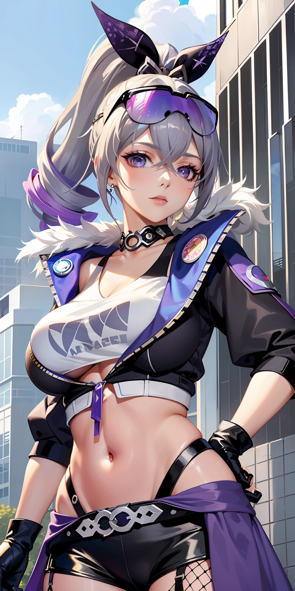 SilverWolfV4, gloves, hair between eyes, jewelry,purple black jacket, earrings, black gloves, fishnets, purple black fingerless gloves, sunglasses, eyewear on head, ((white ponytail, hair bow, drill hair, ))white tank tight top,
(masterpiece, top quality, best quality, official art, beautiful and aesthetic:1.2), (1 girl), extreme detailed, colorful, highest detailed,
(huge breasts:1.2,) upper body, from below, cameltoe,
city,street, leaning, wall, sun, cloud,