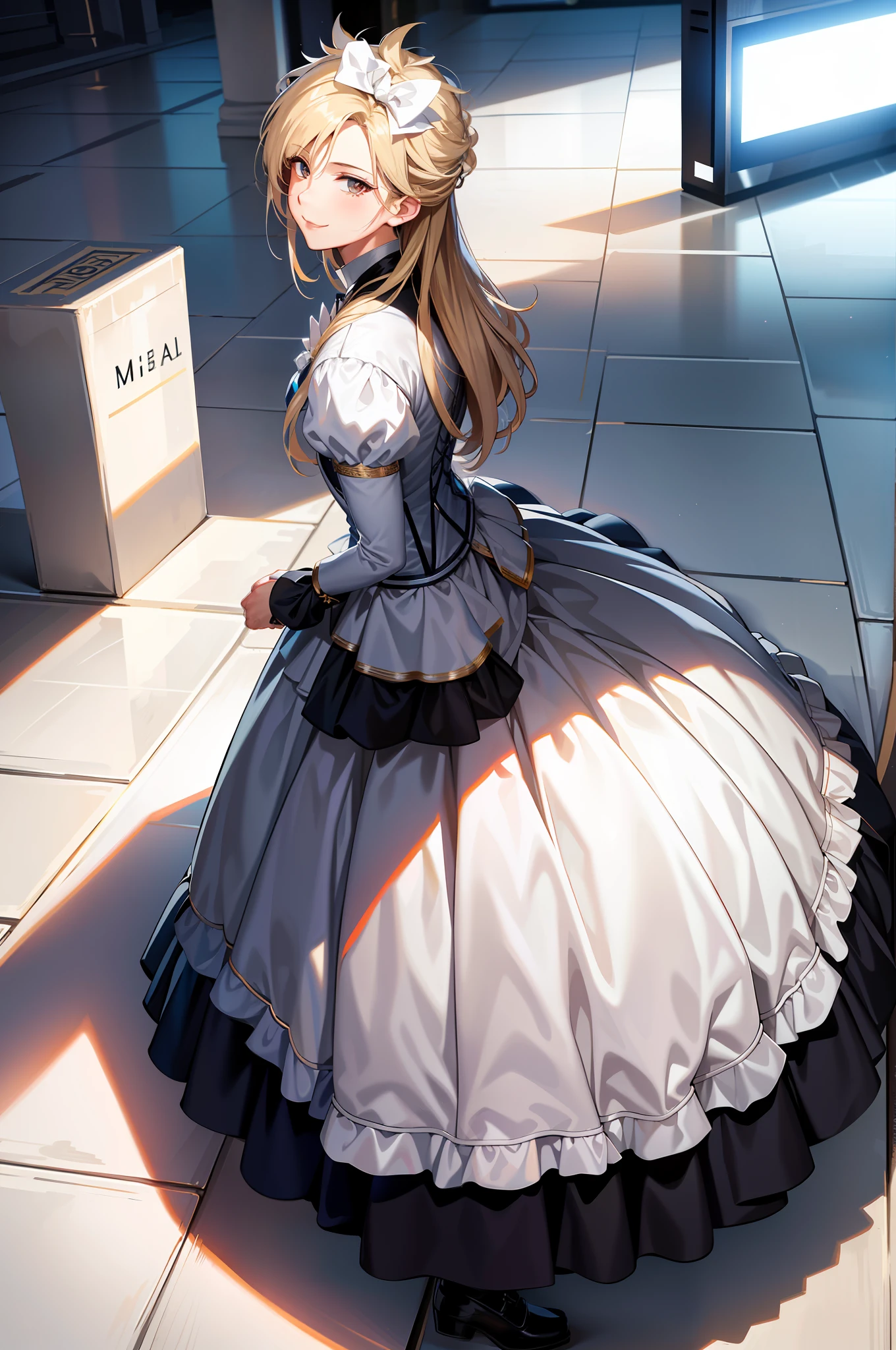 Masterpiece, best quality, cloud clash, crossdressing, long hair, male focus, pure white bridal dress, hair bow, smile, beautiful face, looking at the audience, white stockings, flowers in hand, pseudonym, face depicted meticulously, white stockings shiny