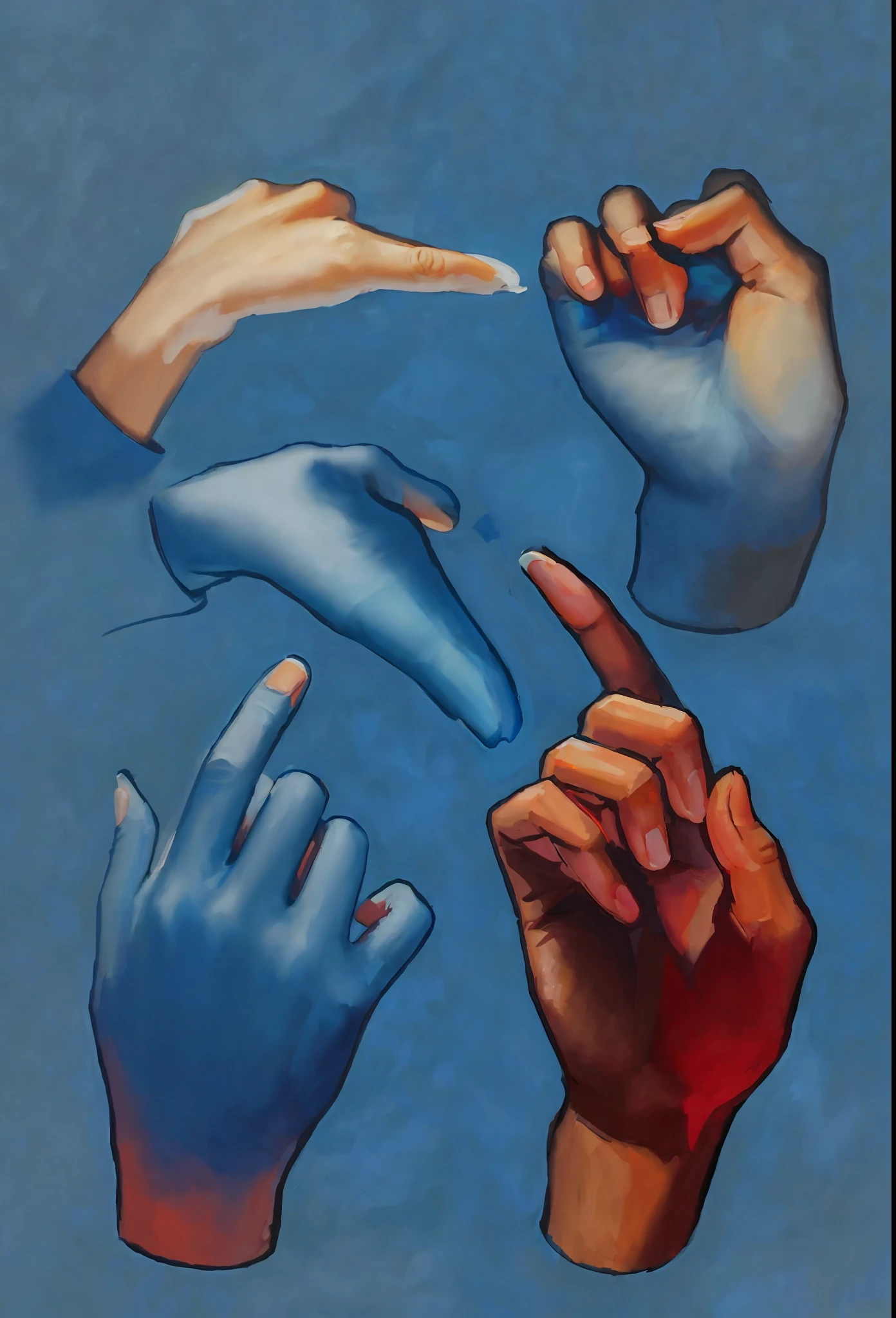 (((Masterpiece))), (((Best Quality: 1.4))), ((Super Detail: 1.4)) , hyper closeup gouache painting of tiefling hands, hyper detailed fingers, dynamic