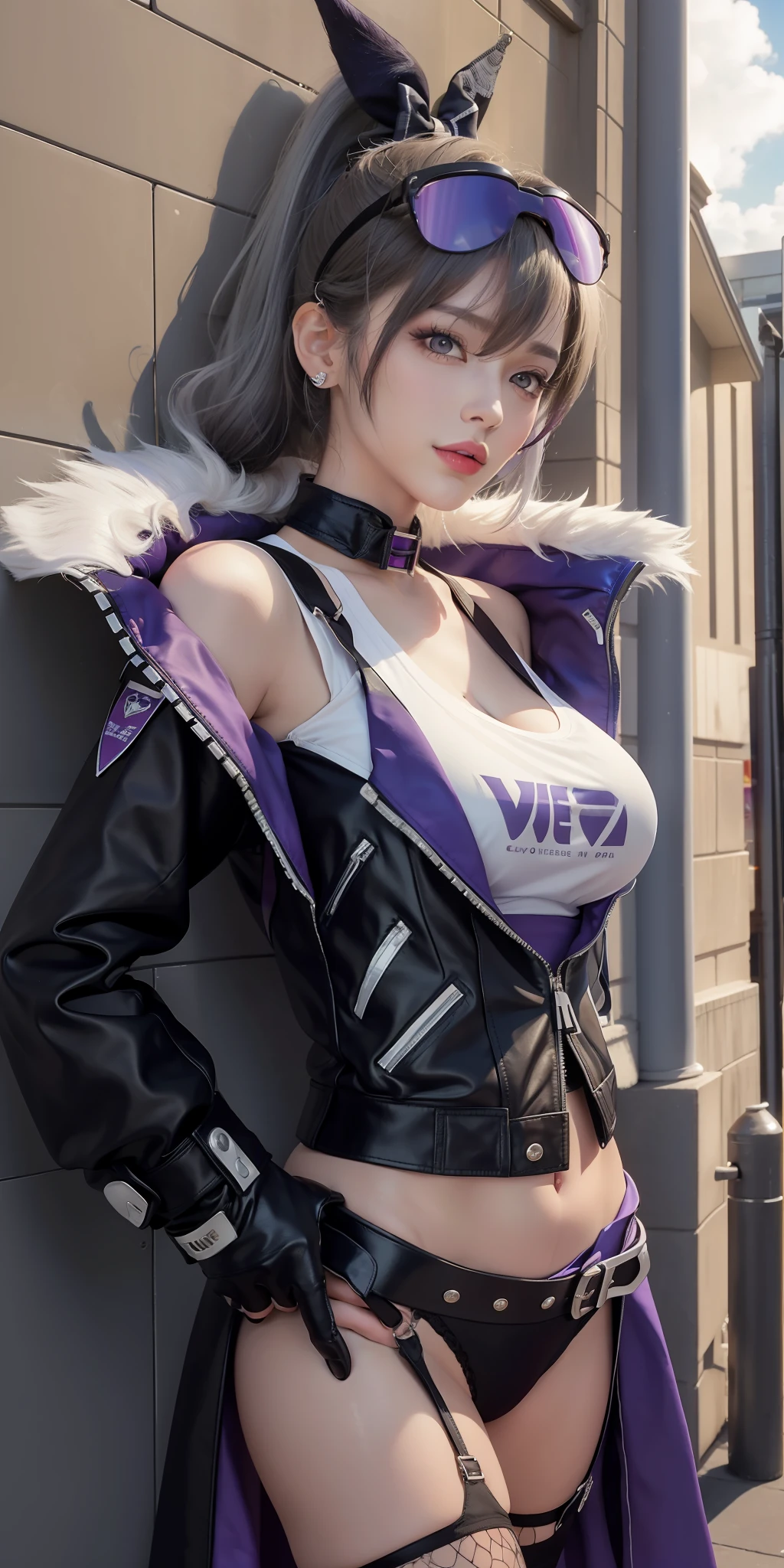 SilverWolfV4, gloves, hair between eyes, jewelry,purple black jacket, earrings, black gloves, fishnets, purple black fingerless gloves, sunglasses, eyewear on head, ((white ponytail, hair bow, drill hair, ))white tank tight top,
(masterpiece, top quality, best quality, official art, beautiful and aesthetic:1.2), (1 girl), extreme detailed, colorful, highest detailed,
(huge breasts:1.2,) upper body, from below, cameltoe,
city,street, leaning, wall, sun, cloud,