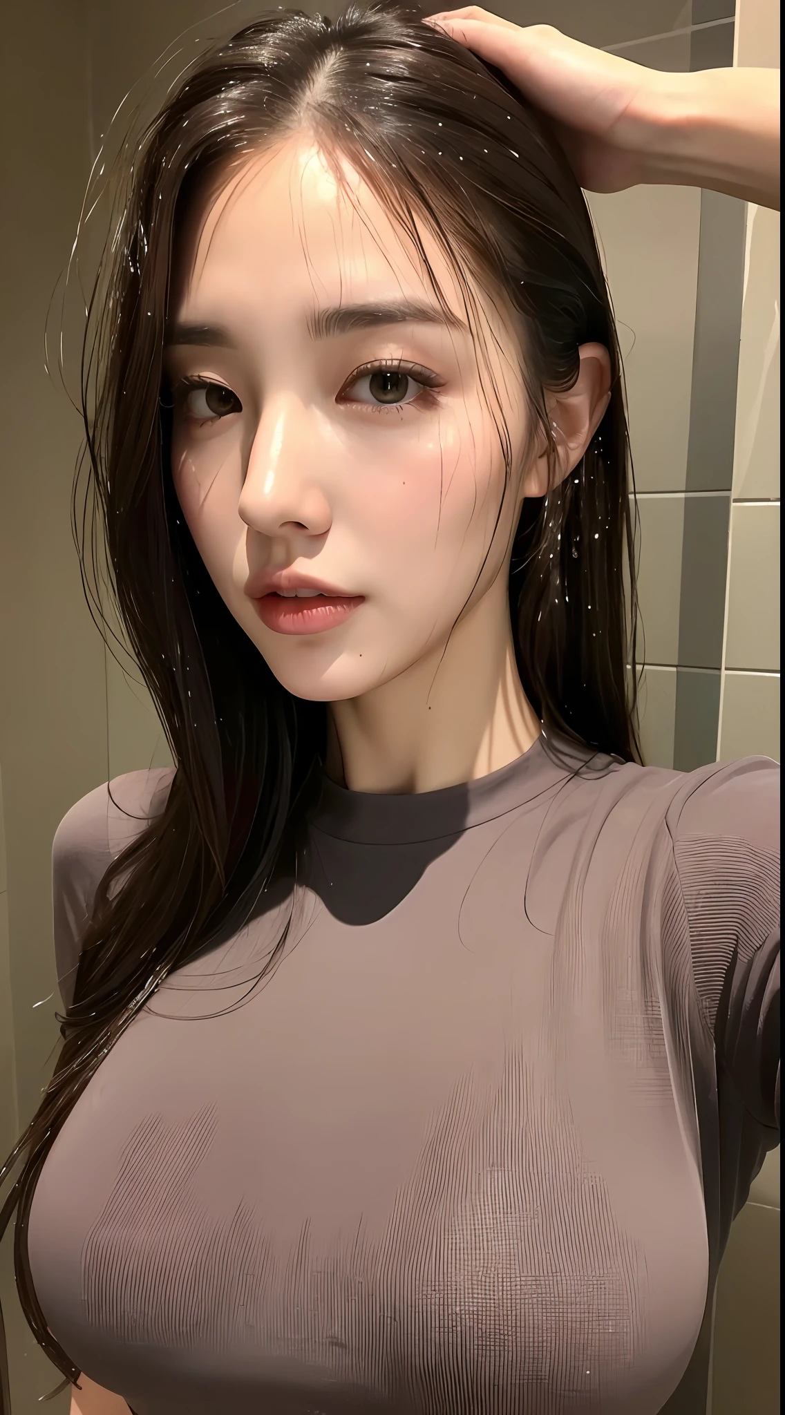 Beautiful handsome woman, ((top quality, 8k, masterpiece:1.3)), pretty woman, 1 woman, huge breasts:1.3, slender figure:1.1, elastic dark brown hair, (shower, wet body, wet clothes:1.1), very detailed face, detailed lips, detailed eyes, double eyelids