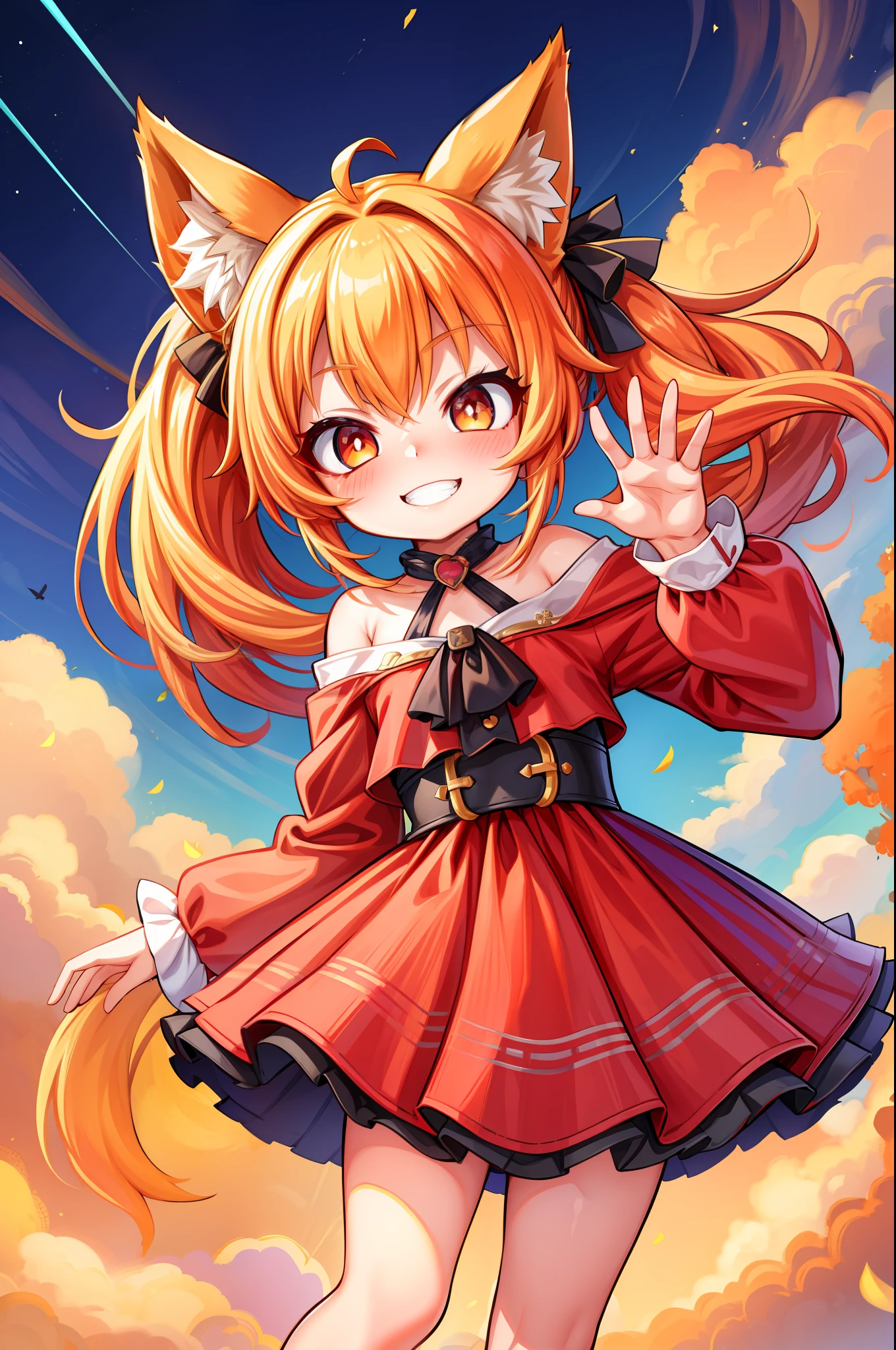 masterpiece, best quality, highres, absurdres, ultradetailed, 1girl, cute, petite, animal ears, fox ears, two-tone hair, red hair,  blonde hair, twintails, long hair , happy, big smile, waving