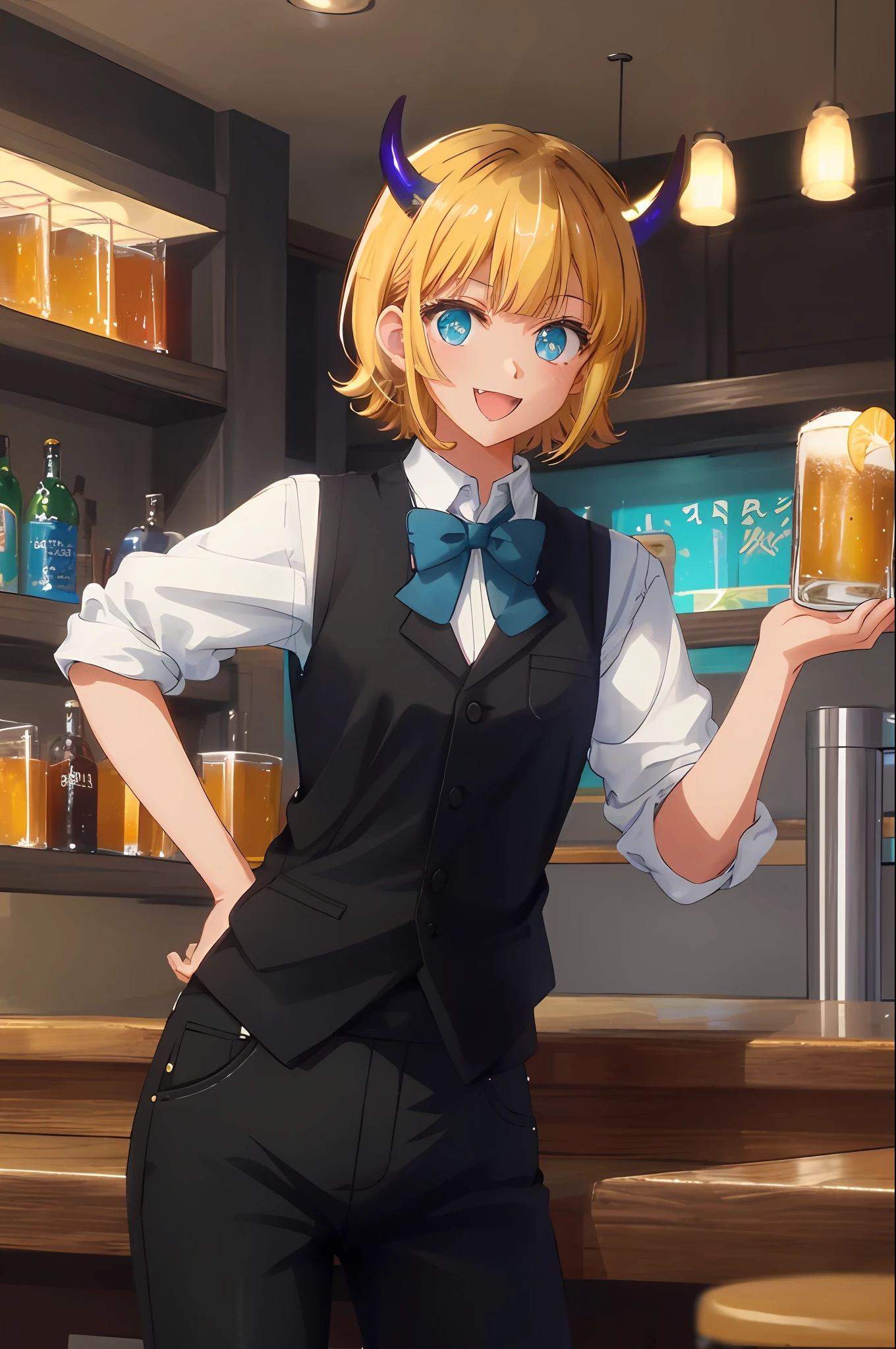 masterpiece, high quality, highres, memcho, 1girl, solo, cowboy shot, in a pub, in a bar, holding beer glass, standing, leaning on counter, tight black pants, black zipper pants, black vest, bartender vest, white shirt, blue bowtie, (:3), :d, fang, small horns, blonde, dirty blonde, brown hair on top half, blonde hair lower half, short hair, short horns