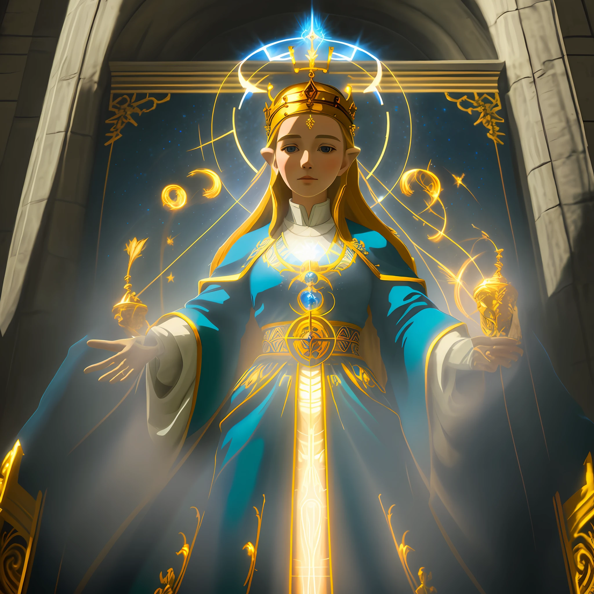 Mary, Queen of Heaven and Earth, Catholic saint, depicted in a divine glow, adorned in flowing robes, surrounded by a serene and heavenly backdrop, radiating grace and divinity in high resolution and ultra-detail.