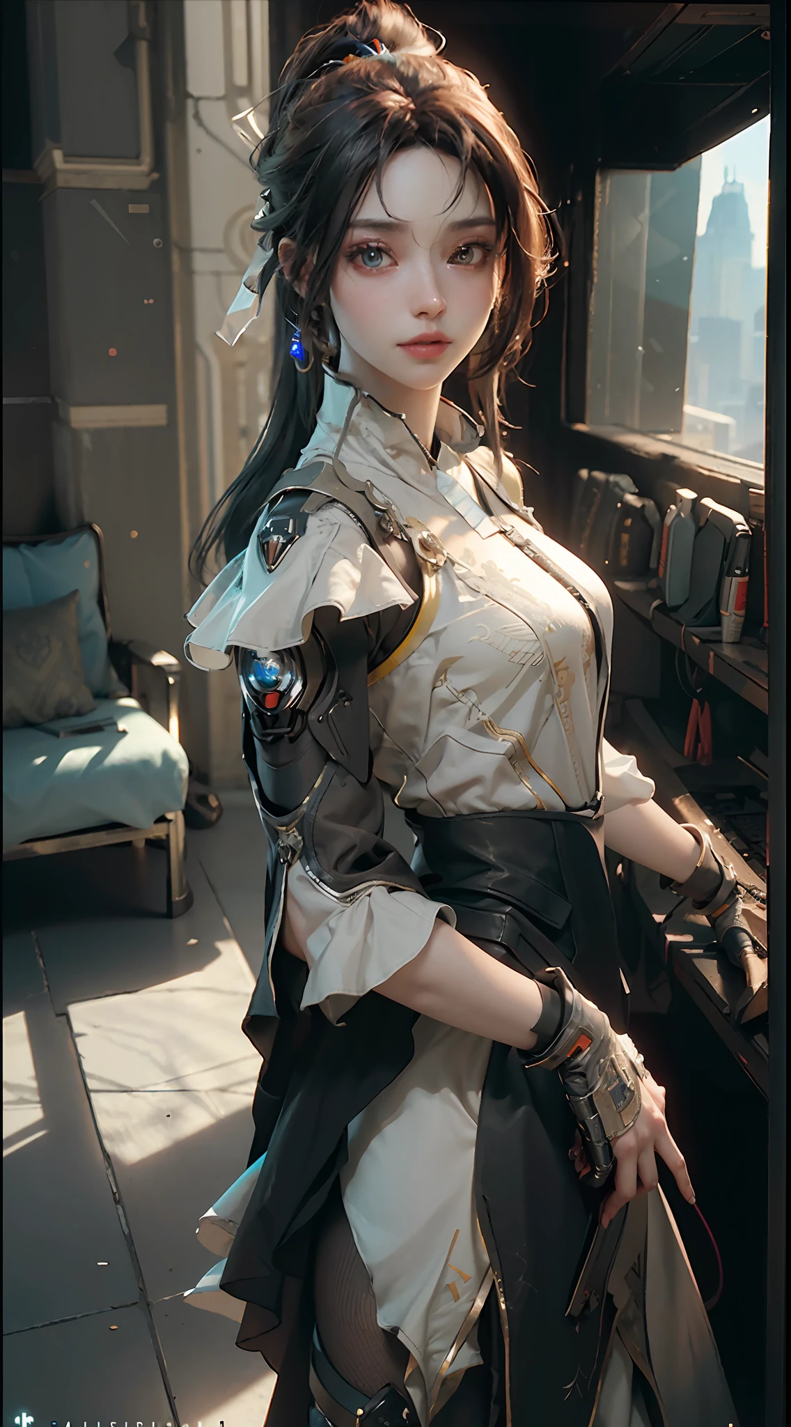 ((Best quality)), ((masterpiece)), (detailed:1.4), 3D, an image of a beautiful cyberpunk female,HDR (High Dynamic Range),Ray Tracing,NVIDIA RTX,Super-Resolution,Unreal 5,Subsurface scattering,PBR Texturing,Post-processing,Anisotropic Filtering,Depth-of-field,Maximum clarity and sharpness,Multi-layered textures,Albedo and Specular maps,Surface shading,Accurate simulation of light-material interaction,Perfect proportions,Octane Render,Two-tone lighting,Wide aperture,Low ISO,White balance,Rule of thirds,8K RAW,