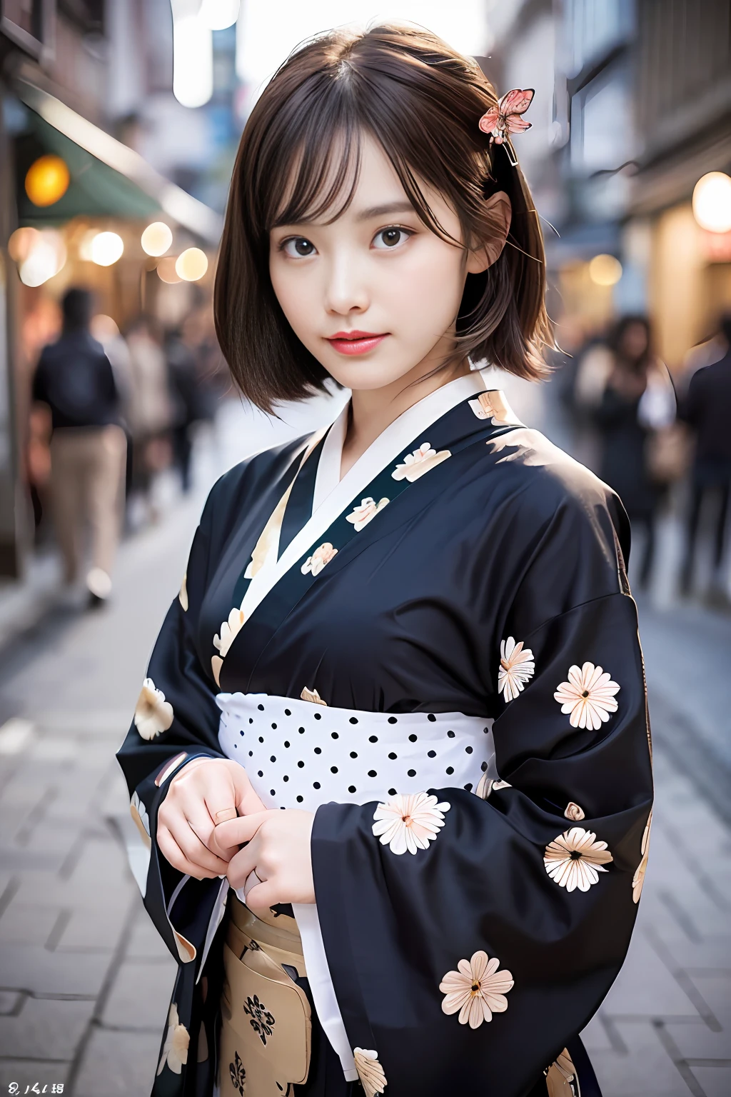(8k, RAW photos, top quality, masterpiece: 1.2), ultra detail, ultra high resolution, (realistic, realistic photos: 1.37), portraits, high-definition RAW color photos, professional photos, very delicate and beautiful, highly detailed 8k wallpapers, amazing, detail, huge file size, official art, highly detailed CG Unity 8k wallpapers, very detailed beautiful girl, highly detailed face, very detailed eyes , very detailed skin, very detailed fingers, very detailed nose, very detailed mouth, perfect anatomy, very detailed background, very detailed clothes, 1 girl, (short bob dark brown hair), (20 years old: 1.2), beautiful woman, (small: 1.2), realistic body, petite, fair skin, shiny skin, slender figure, good figure, black hair, tied hair, (dull bangs: 1.2), smile, cute, young, cute face, realistic face, beautiful detailed eyes, drooping eyes, (Japan traditional polka-dot kimono: 1.4), intricate embroidery, (butterfly hair ornament: 1.2), Watch viewer, cowboy shot, facing forward, standing position, contrappost, outdoor, (night: 1.4), Japanese style, Kyoto street, dynamic lighting,