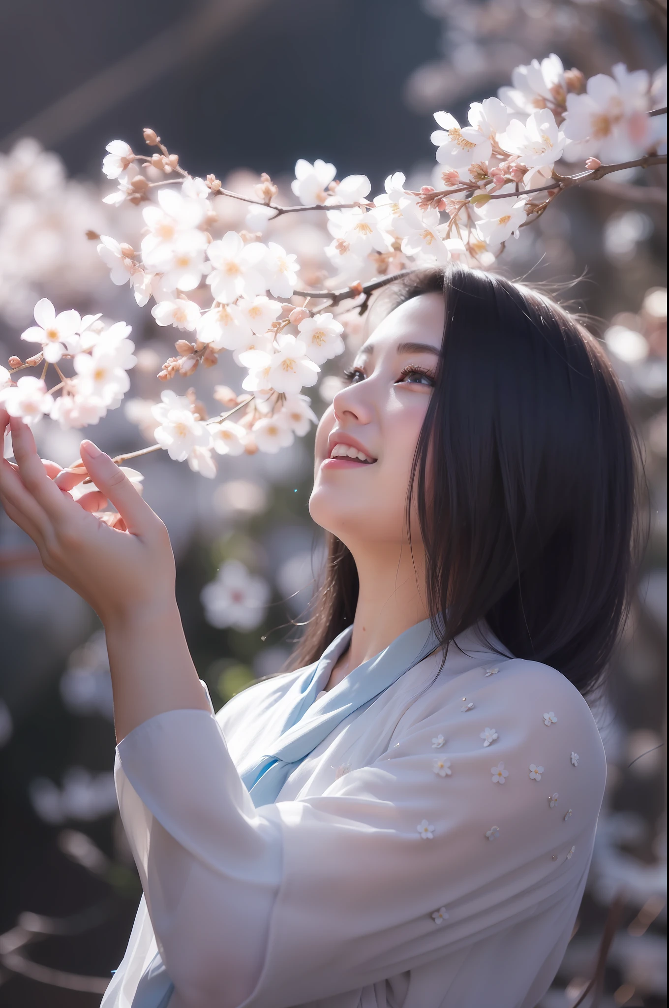 Woman in blue shirt is touching a white flower, star high round circle, woman in flower, girly smile, sweet, innocent, inspired by Shinsui Ito, cherry blossom season, under the cherry blossom tree, cherry blossom petals around her, cherry blossom in the wind, elegant woman, best quality, masterpiece, high resolution, 1girl, porcelain skirt, hair accessories, necklace, jewelry, beautiful face, body, Tyndall effect, realistic, dark studio, edge lighting, two-tone lighting, (high detail skin: 1.2), 8k uhd, dslr, soft light, high quality, volumetric light, sneak peek, photo, high resolution, 4k, 8k, bokeh,
