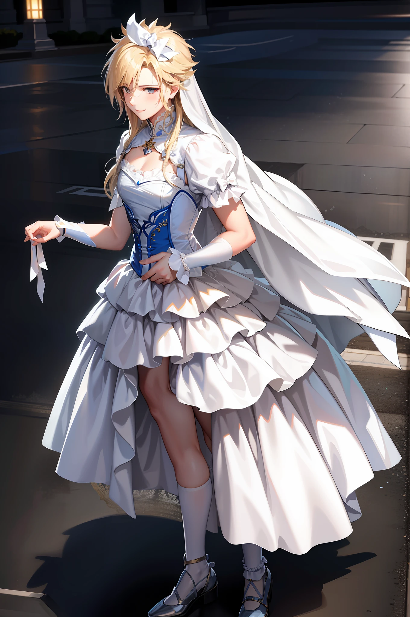 Masterpiece, best quality, cloud clash, crossdressing, long hair, male focus, pure white bridal dress, hair bow, smile, beautiful face, looking at the audience, white stockings, flowers in hand, pseudonym, face depicted meticulously, white stockings shiny