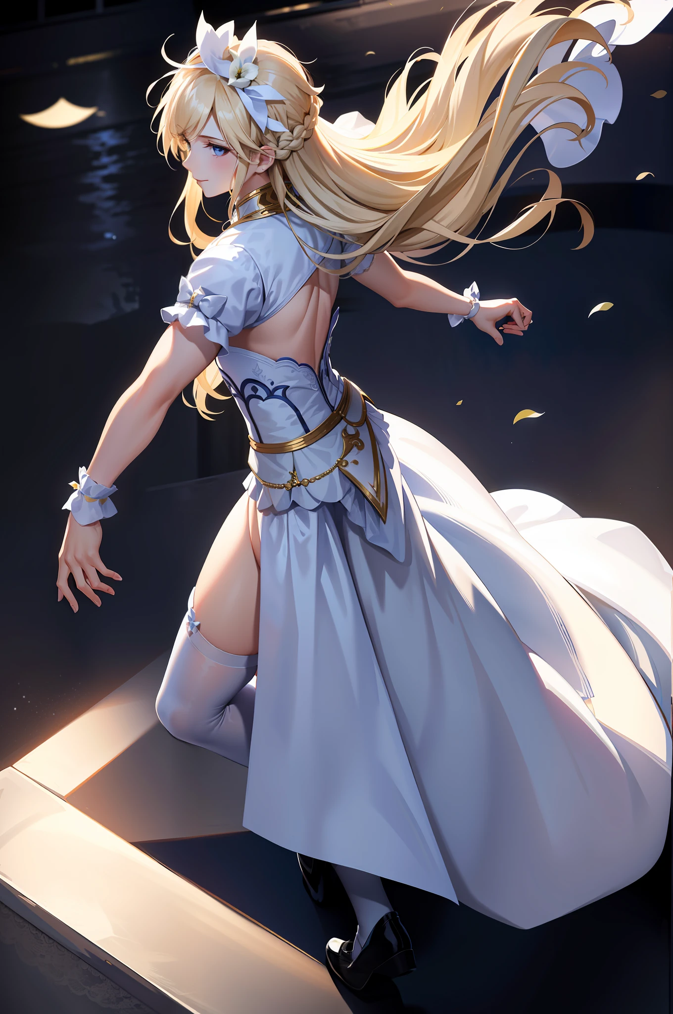 Masterpiece, best quality, cloud clash, crossdressing, long hair, male focus, pure white bridal dress, hair bow, smile, beautiful face, looking at the audience, white stockings, flowers in hand, pseudonym, face depicted meticulously, white stockings shiny