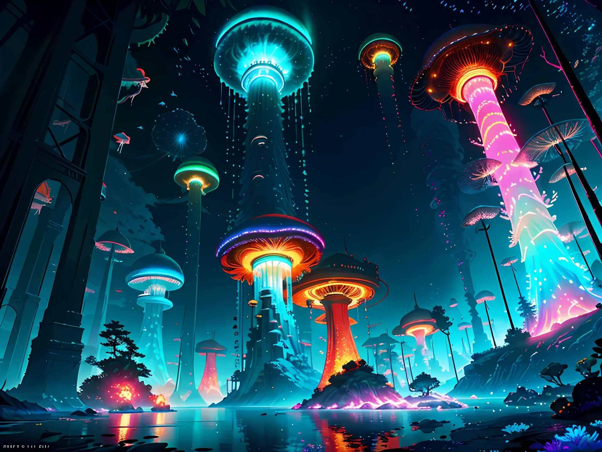 Masterpiece, High Quality, Ocean Forest, City, Fantastic Fantasy, Glowing Coral, Coral Viaduct, (Swarm of Glowing Jellyfish), (Shoal of Fish with Transparent Wings Flying in the Sky), Misty, Extreme Detail, Morning Light, Epic Composition, (Intricate Detail), (Intricate Design, Ultra Detail: 1.2), Art Station, (Masterpiece, Best Quality), Ultra HD, 32k ,under water, 1 girl, futuristic dive suit, extension image, focus on the scenery,, acrylic palette knife, 4k, vibrant colors, devinart, trending on artstation,octane render, bioluminescent,8K resolution concept art, realism,by Mappa studios,masterpiece,best quality,official art,illustration,ligne claire,(cool_color),perfect composition,absurdres, fantasy, extension image, octane render, bioluminescent