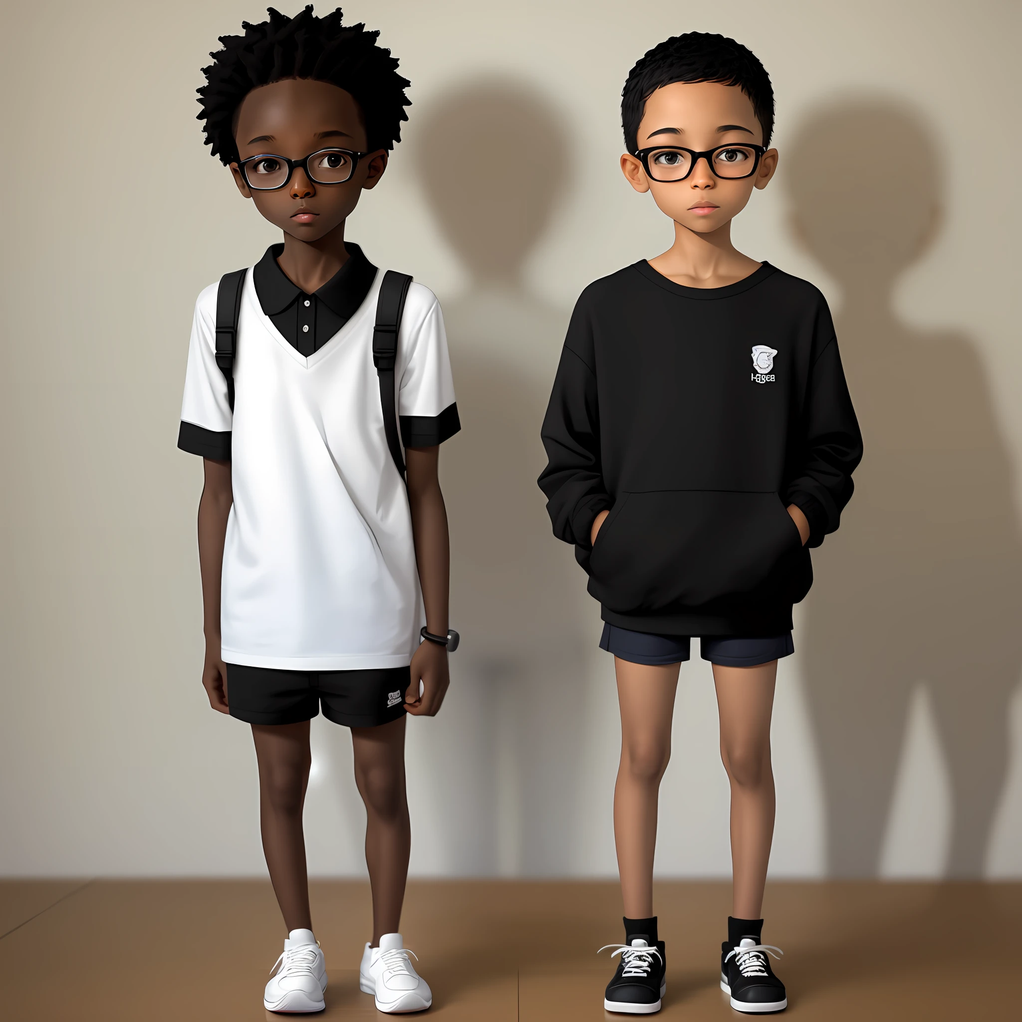 A thin black boy and a small white girl in stature with glasses