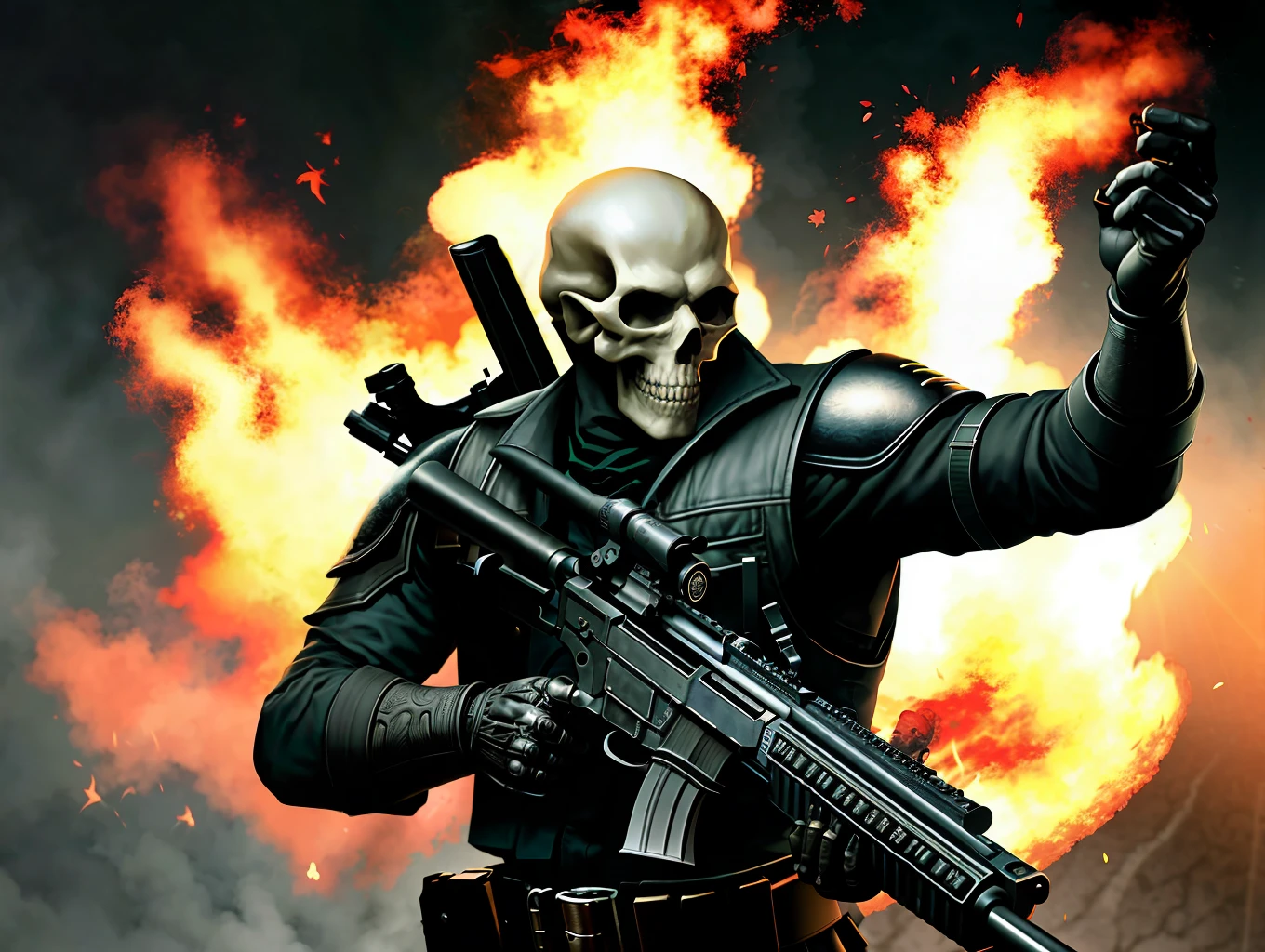 ((best quality)), ((masterpiece)), ((realistic)), (detailed), (Man with skull:1.2), ((with rifle in his hands)), (wearing black leather uniform), flames, (combat action), detailed digital art, trend in artstation, concept art, unreal engine, hyper detailed, volumetric light, moody cinematic epic concept art, realistic matte painting, cinematic epic, insanely detailed, , ((masterpiece)), absurdists, HDR