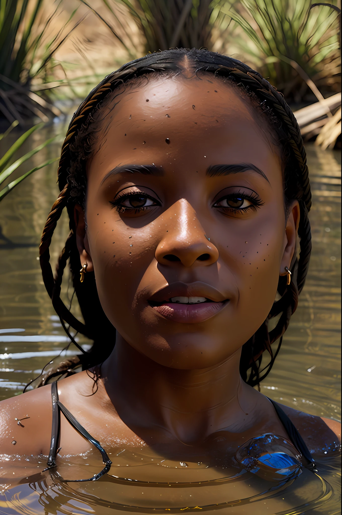 close up portrait of a five cute womans (African Goddess) bathing in a river, reeds, (backlighting), realistic, masterpiece, highest quality, lens flare, shade, bloom, [[chromatic aberration]], by Jeremy Lipking, by Antonio J. Manzanedo, digital painting, photorealistic