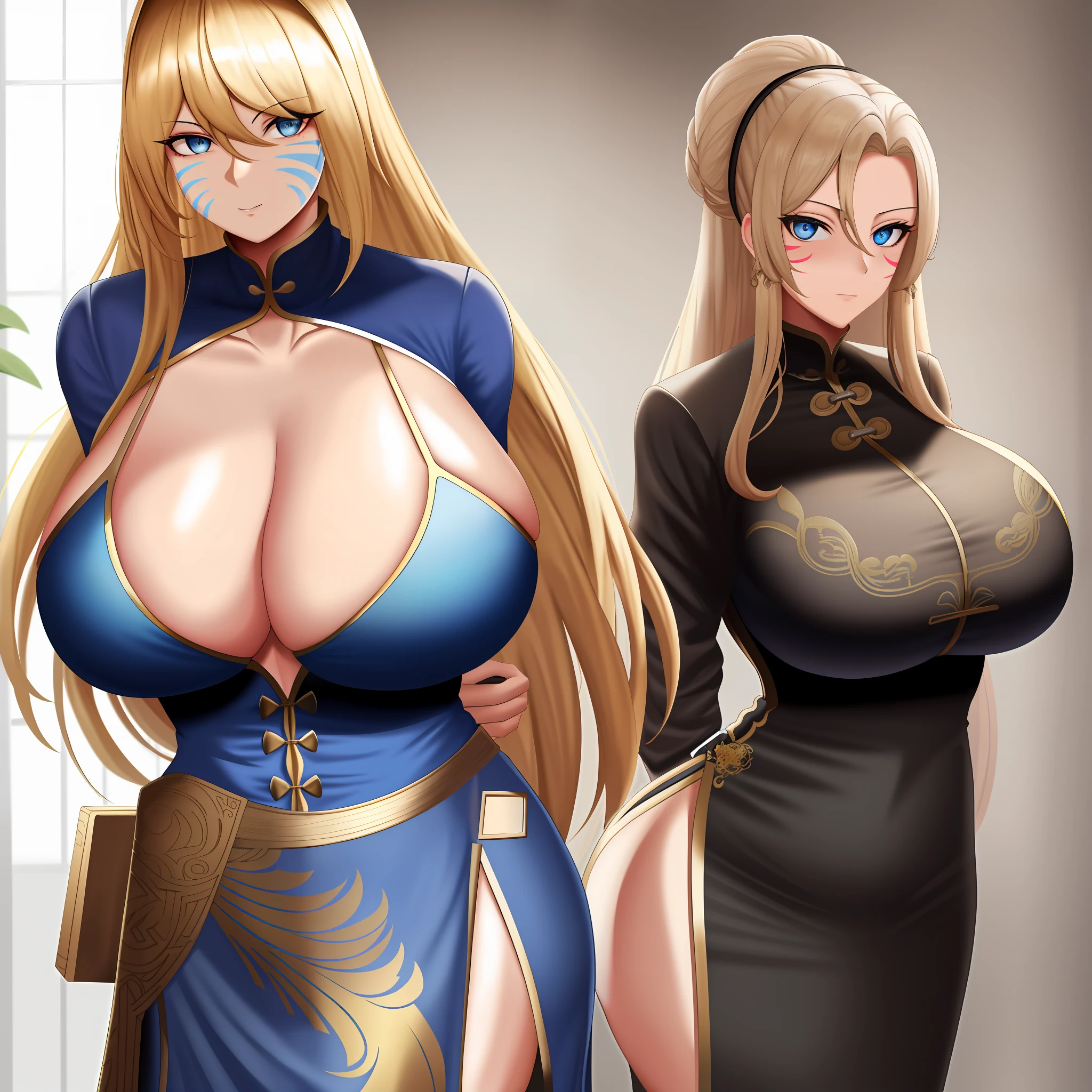 (Beldandi), huge_, (facial_mark:1.1), blue_eyes, blonde_hair, China_dress, standing, arms_behind_back, bra side, a woman
