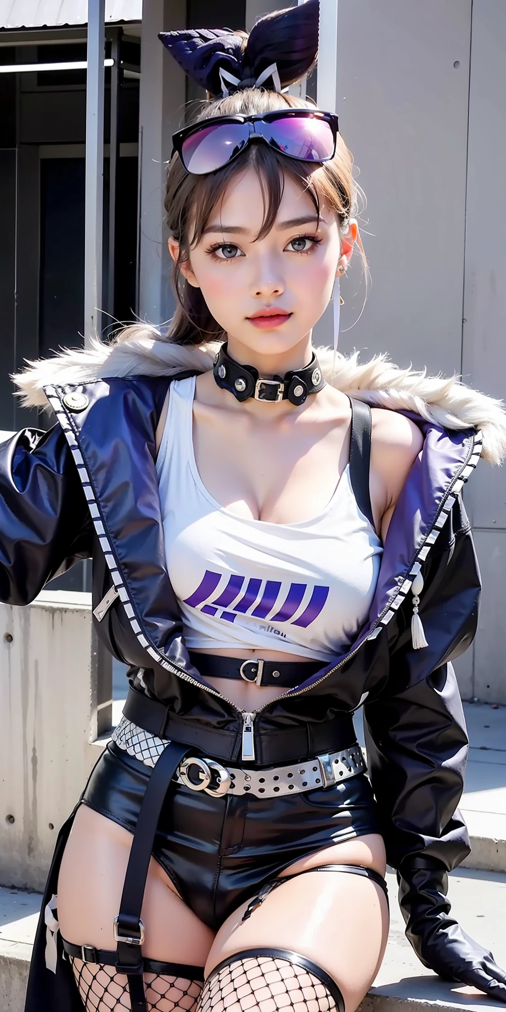 SilverWolfV4, gloves, hair between eyes, jewelry,purple black jacket, earrings, black gloves, fishnets, purple black fingerless gloves, sunglasses, eyewear on head, ((white ponytail, hair bow, drill hair, ))white tank tight top,
(masterpiece, top quality, best quality, official art, beautiful and aesthetic:1.2), (1 girl), extreme detailed, colorful, highest detailed,
(huge breasts:1.2,) upper body, from below, cameltoe,
city,street, leaning, wall, sun, cloud,