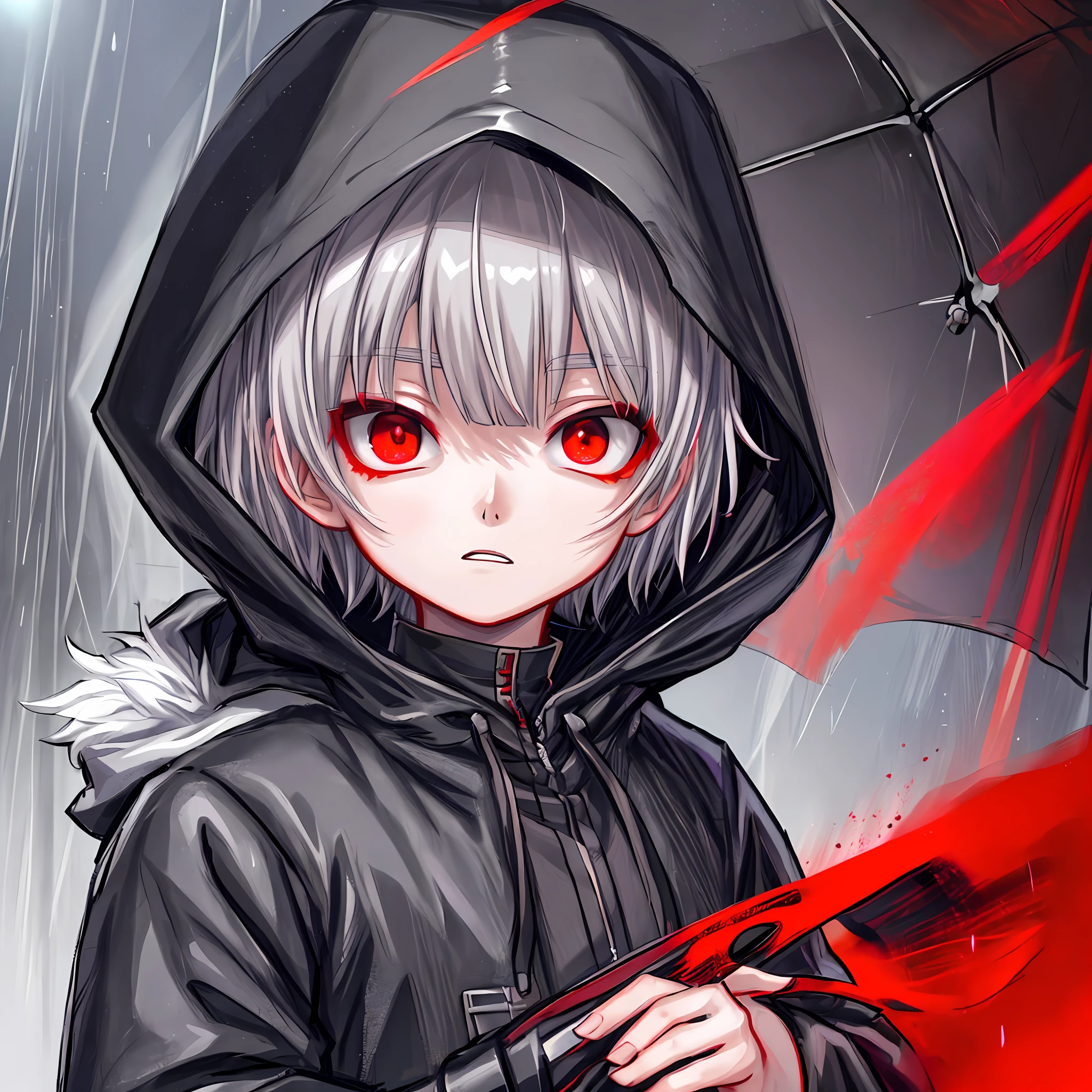 , kk, top quality, detail, masterpiece, 1boy, kaneki ken, portrait, male focus, red eyes, solo, bangs, viewer look, hood, short hair, rain, tokyo tokyo (city\), hooded, manicure, gray hair, luxury, 8k, detailed, ray tracing, depth of field, cinematic lighting,