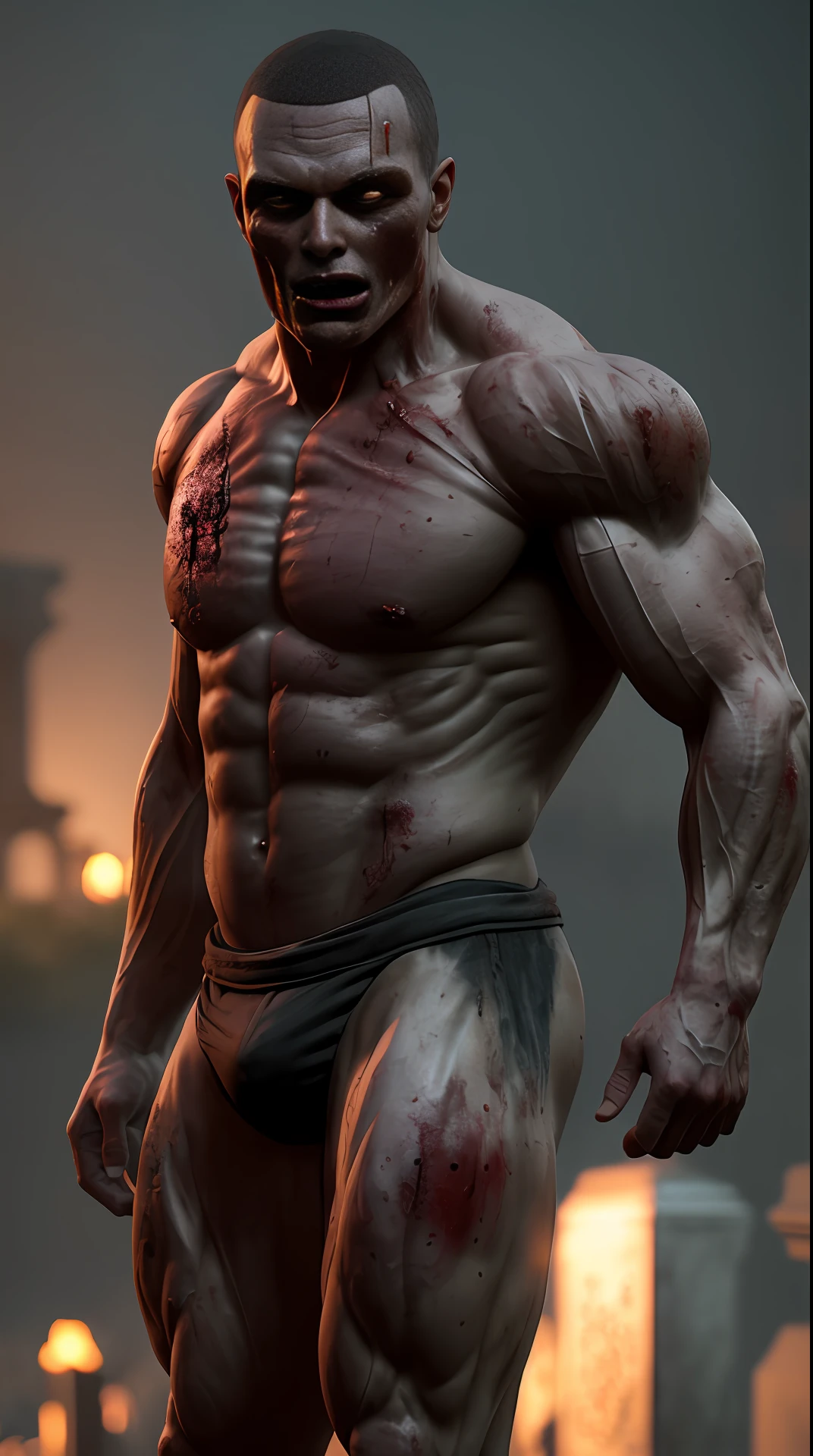 Cinematic soft lighting illuminates a stunningly detailed and ultra-realistic zombie , super strong, muscular, in the background a terrifying night in a cemetery, that is trending on ArtStation. Octane is the perfect tool to capture the softest details of this 16k photography masterpiece