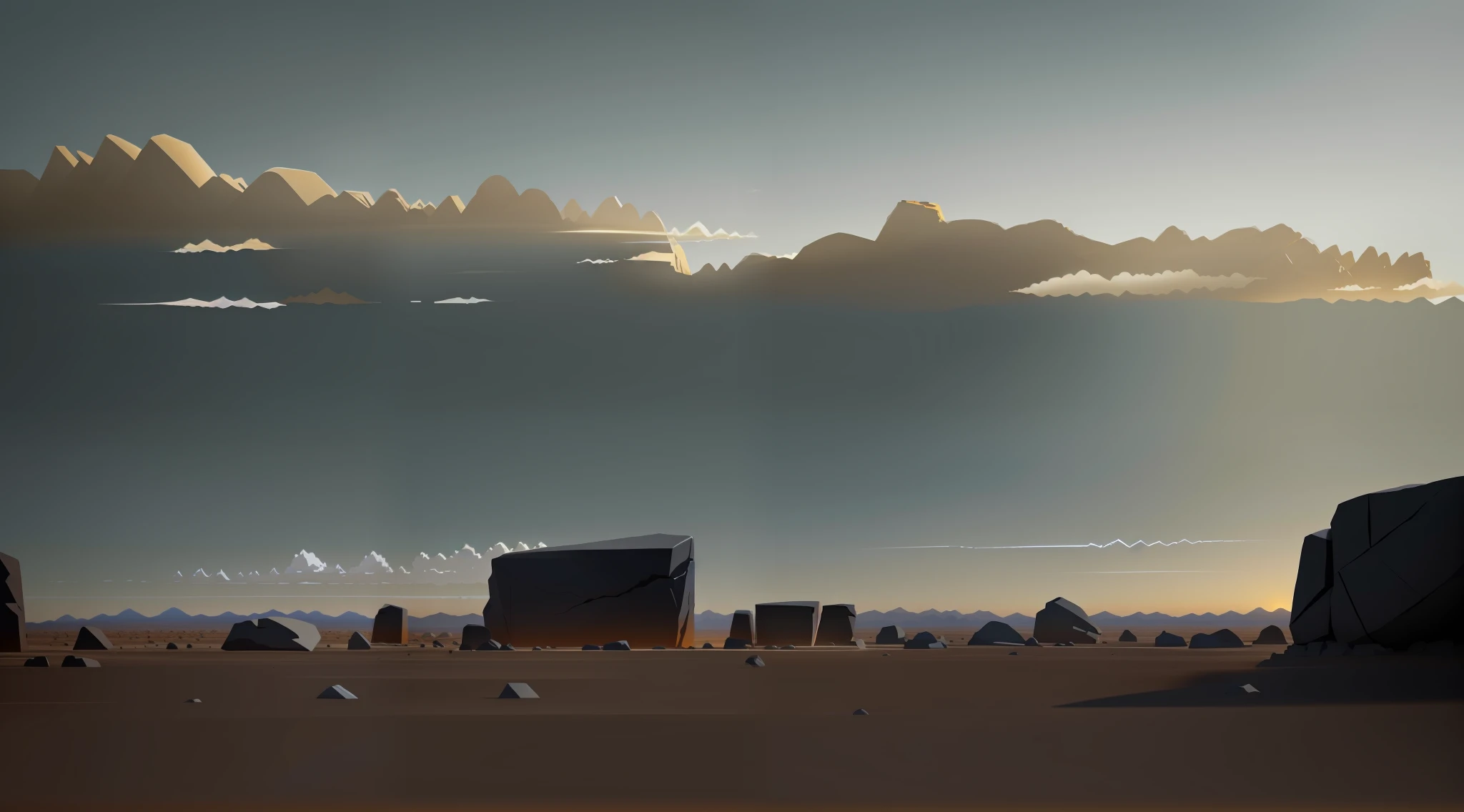 Endless desert, there are only few rocks on the desert, the rock structure is simple, the desert is flat, the sky is light blue, two-dimensional anime style, the style is gray, the rock distribution distance is large, the details are obvious, there is no shadow, the perspective is level view, there are few rocks, the rocks are large,