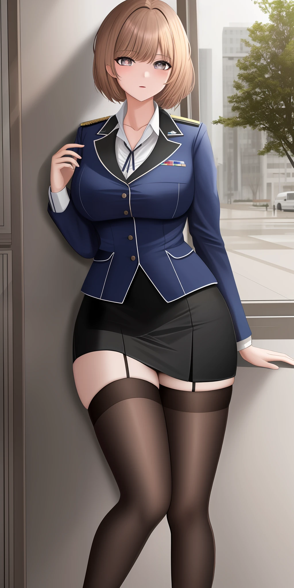 masterpiece, best_quality, highres, ErinaKinjoWon, large_breasts,  NergalUniform, pencil_skirt, short_hair, stockings, hands_behind_back