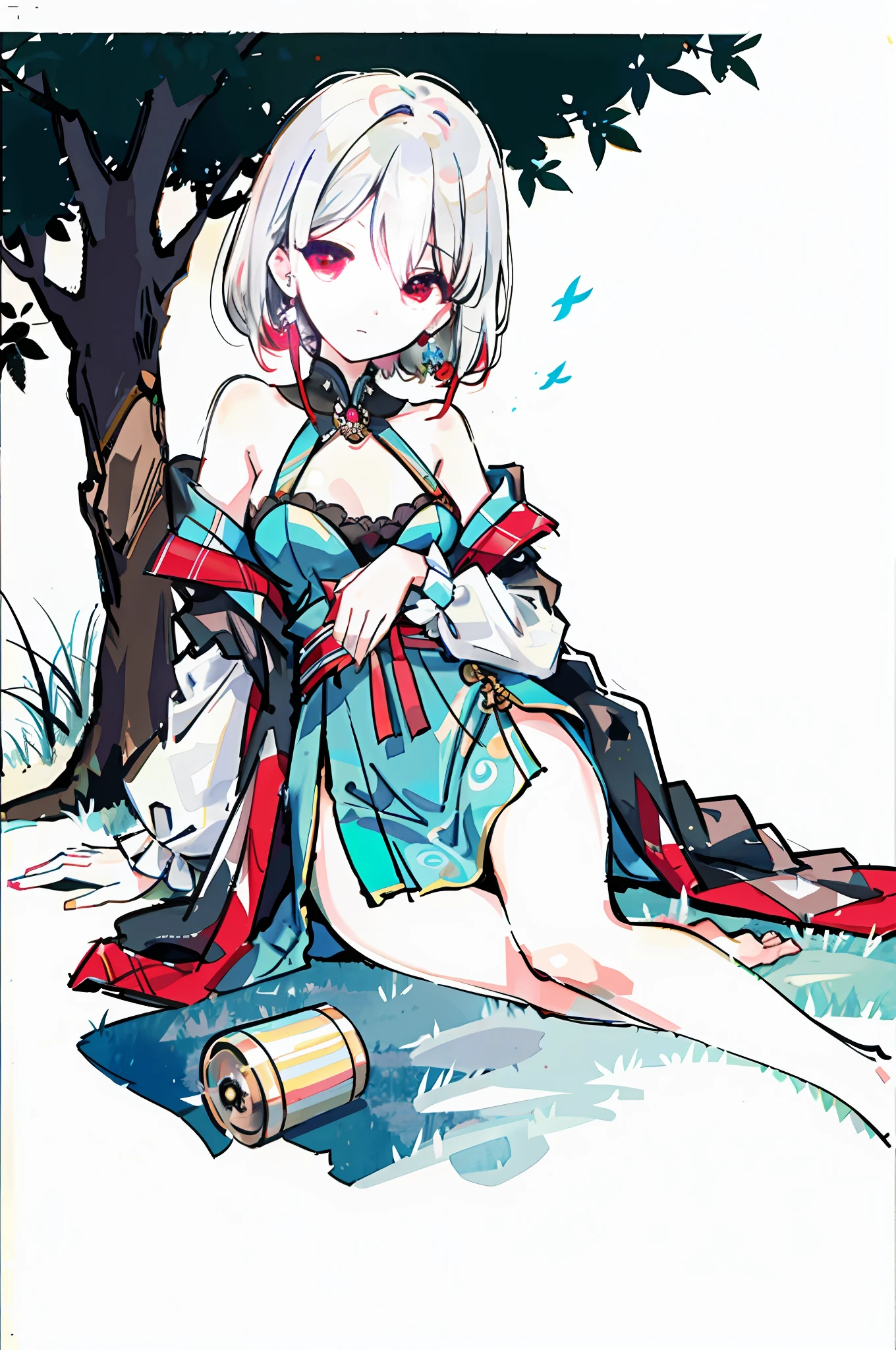 Panorama ancient style ink painting, under the tree sits a fairy, restrained and shy, (Guvitz: 1.2) prominent bust (weight 1.9), exquisite and luxurious clothing, showing a barefoot ancient style fairy sense (weight 1.2). The final picture quality is adjusted to 40k, posture seduction, 4k image quality, red eyes, white hair, leaky spots